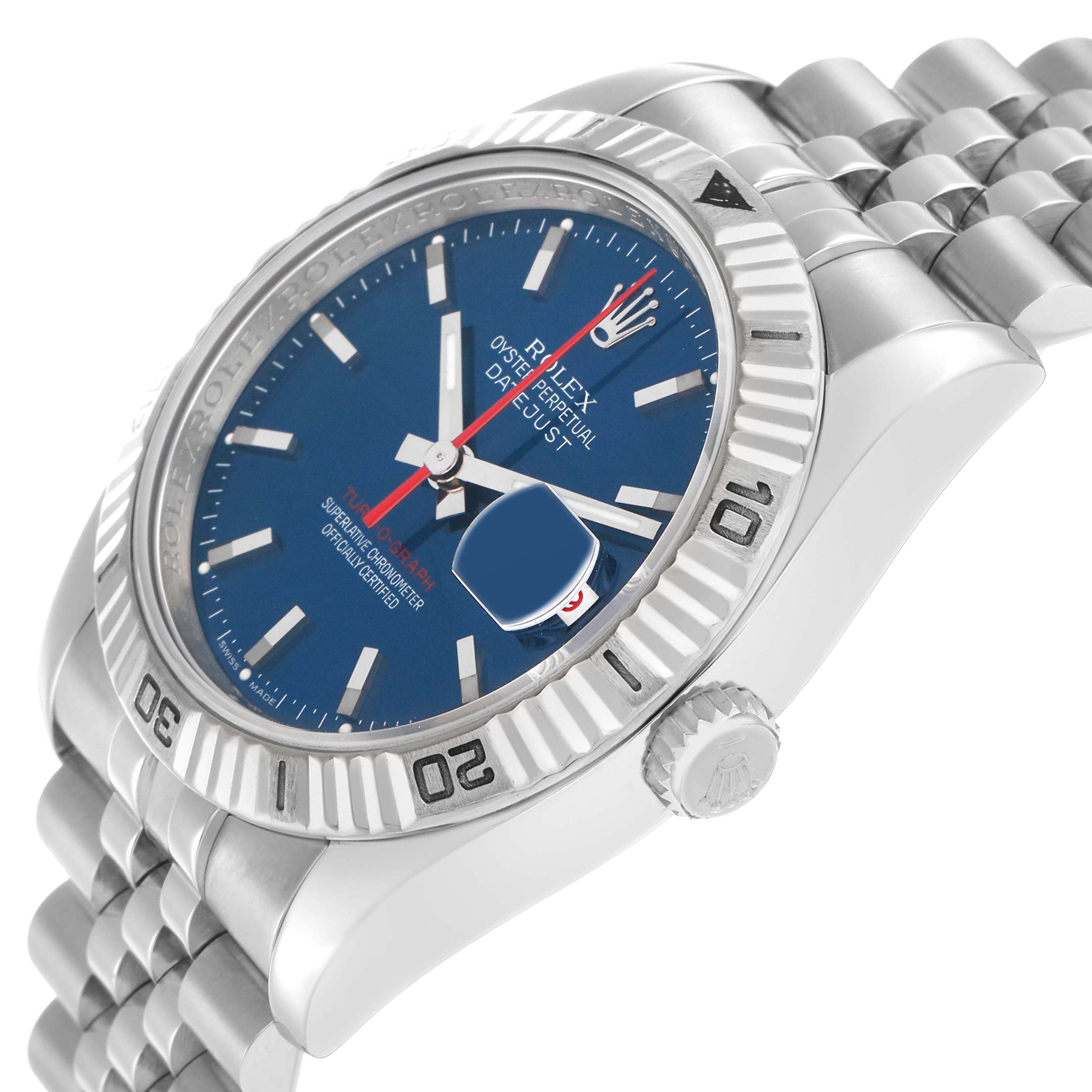 The Rolex Datejust 116264 Men
s Stainless Steel Blue Dial watch is shown from a side angle, highlighting the bezel, dial, crown, and bracelet.