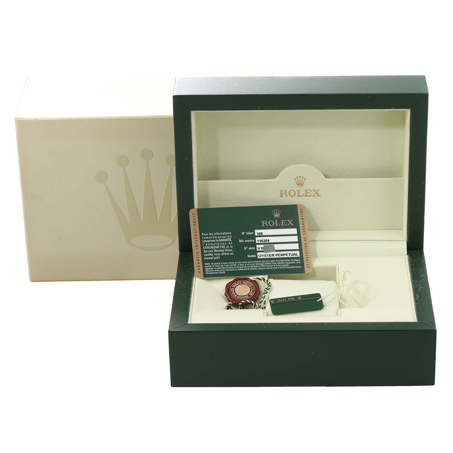 The image shows the box and accessories for a Rolex Turn-o-Graph 116264 Men's Stainless Steel White Dial 116264 Men's Stainless Steel White Dial watch, including identification cards and tags.