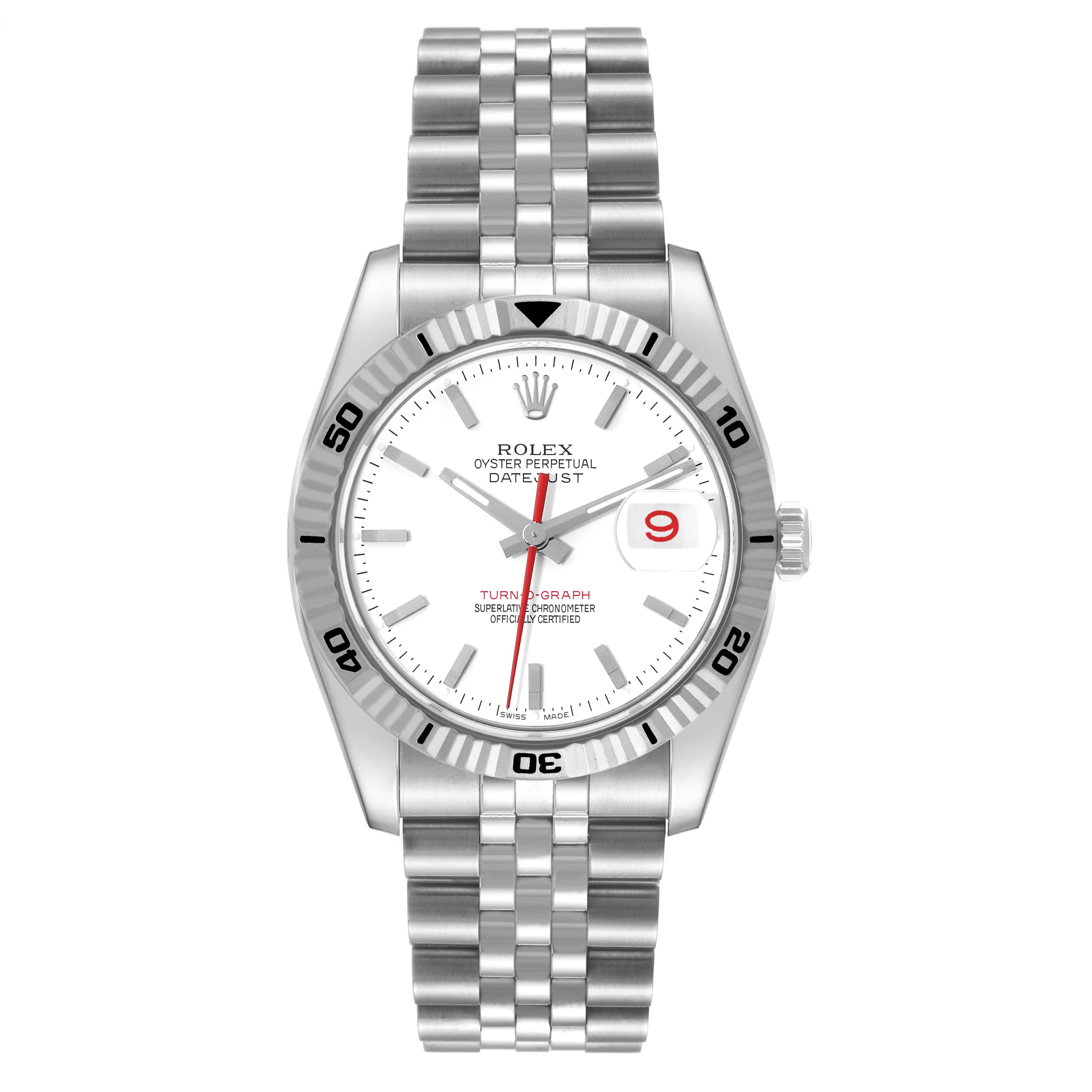 This is a front view of a Rolex Turn-o-Graph 116264 Men's Stainless Steel White Dial 116264 Men's Stainless Steel White Dial watch, showing the dial, bezel, and bracelet.
