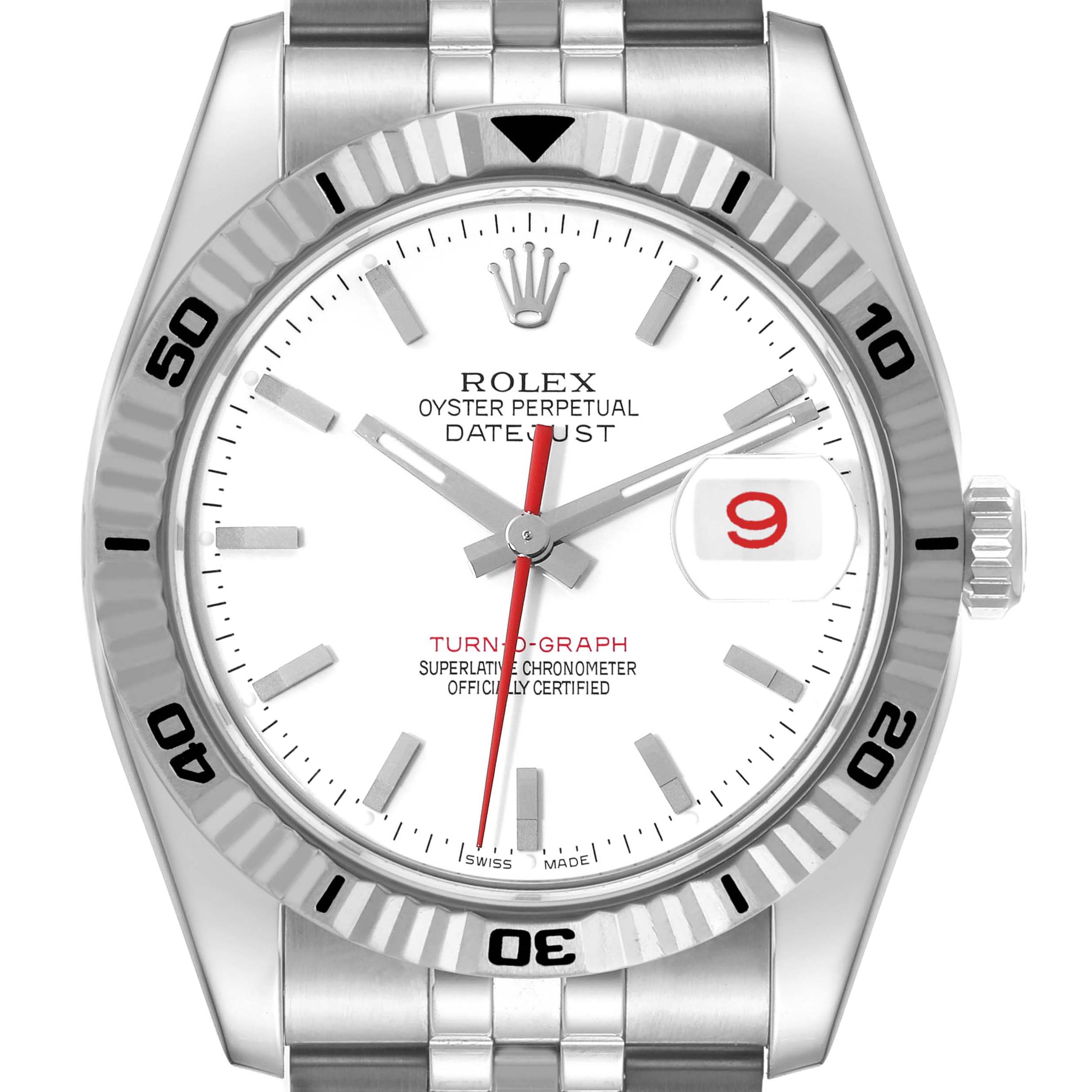 The image shows a front view of the Rolex Turn-o-Graph 116264 Men's Stainless Steel White Dial 116264 Men's Stainless Steel White Dial watch, featuring its bezel, dial, hands, date window, and part of the bracelet.