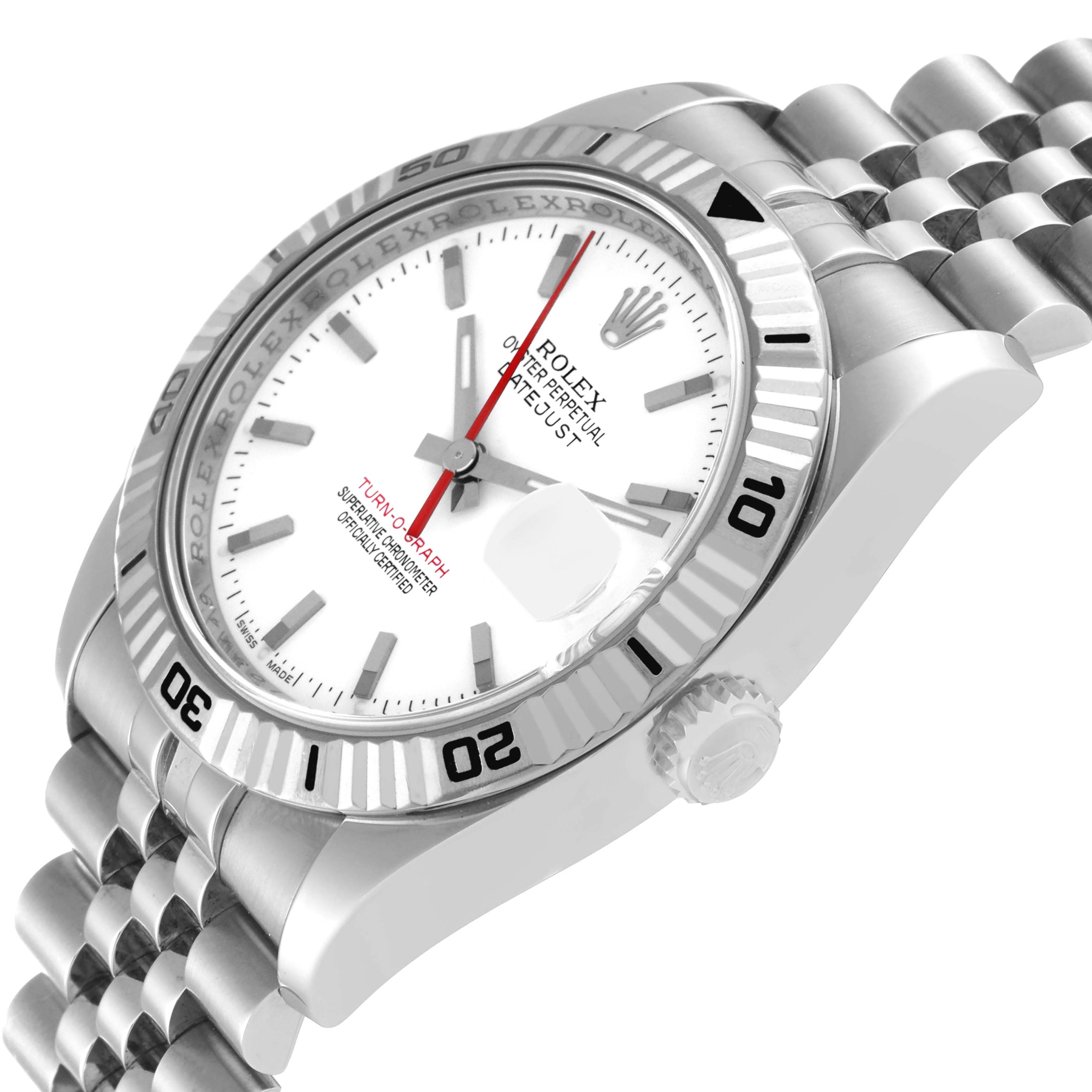 This is a Turn-o-Graph model by Rolex viewed from an angled side perspective showing the dial, bezel, and bracelet.