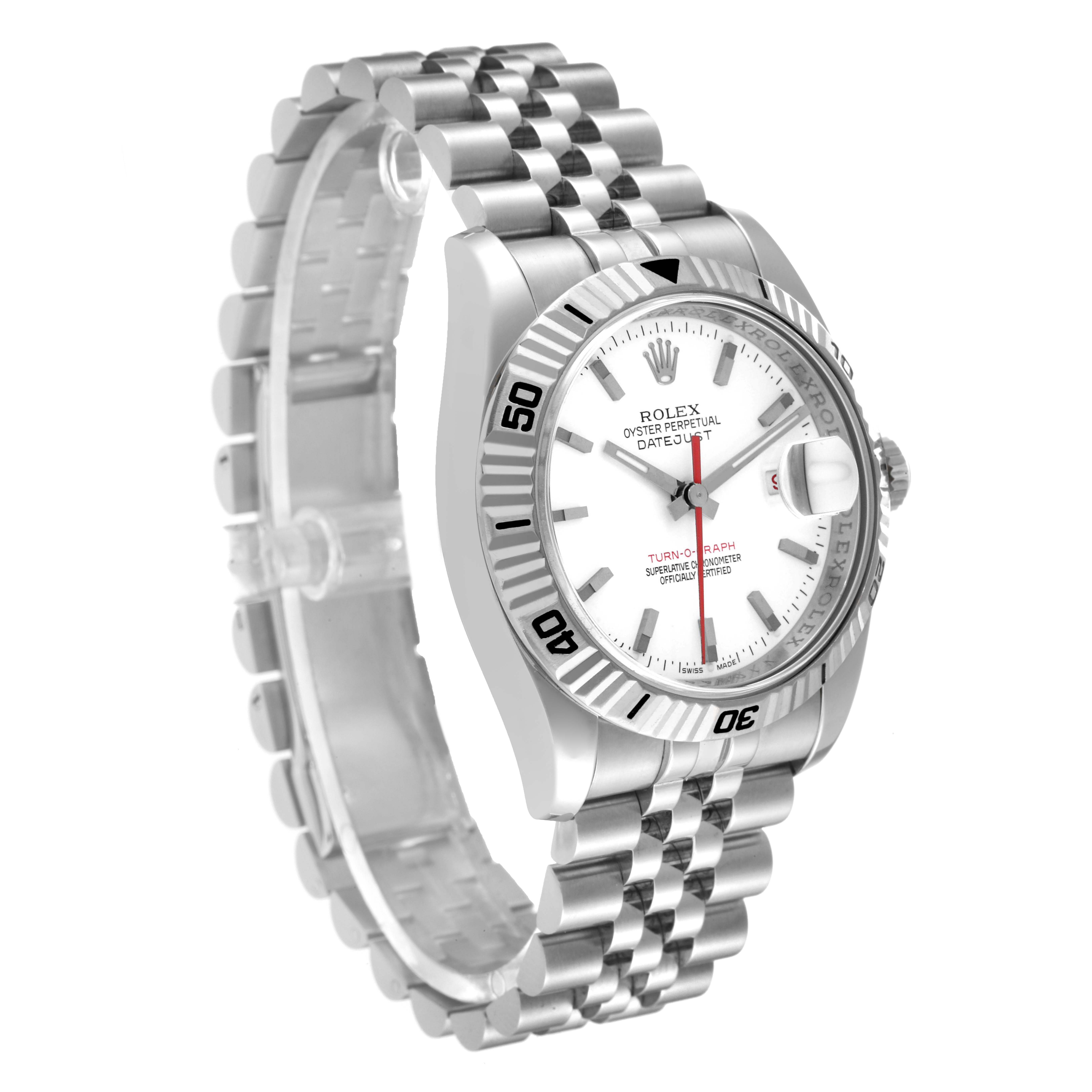 This image shows a front side view of the Rolex Turn-o-Graph 116264 Men's Stainless Steel White Dial 116264 Men's Stainless Steel White Dial watch, including the dial, bezel, and bracelet.