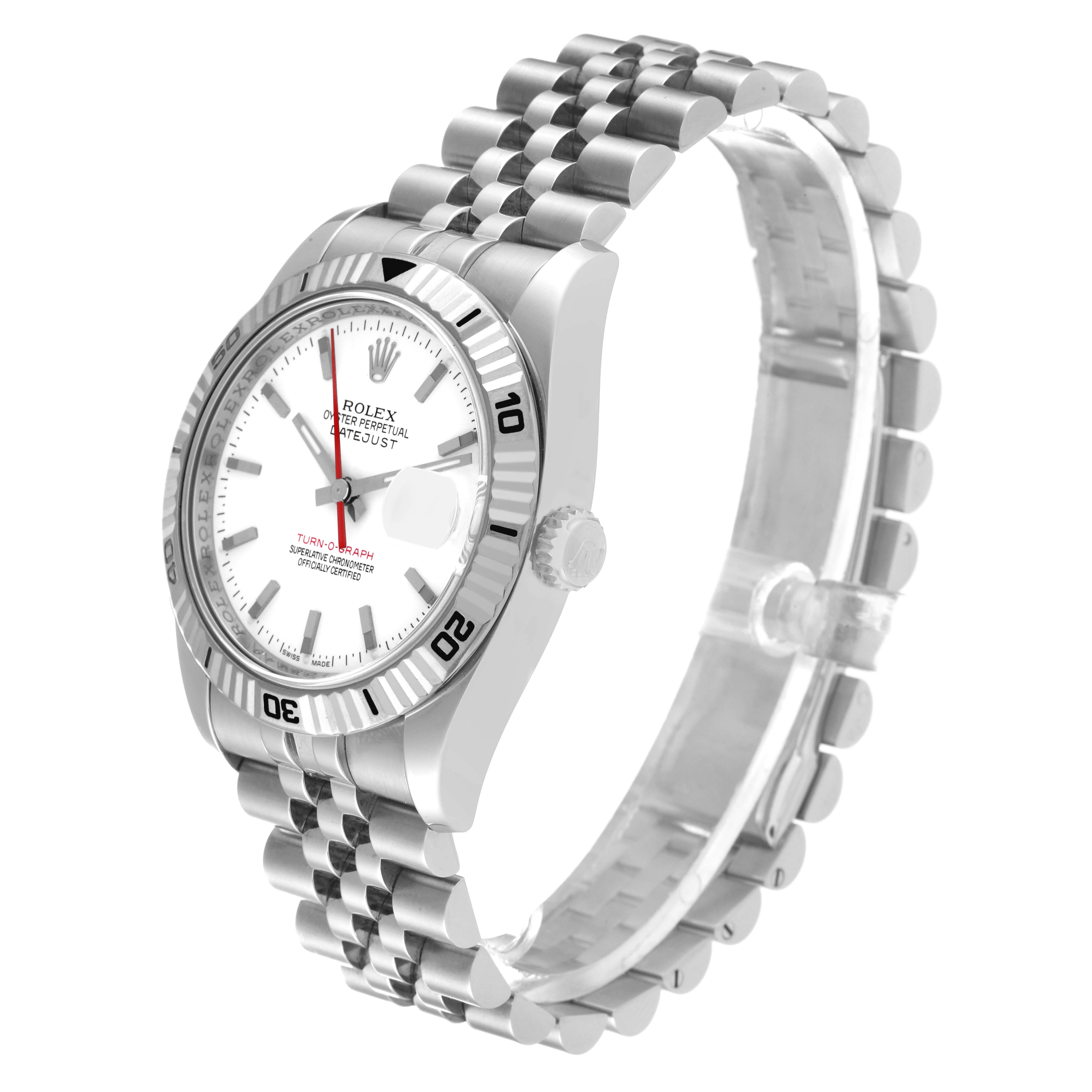 This image shows a Rolex Turn-o-Graph 116264 Men's Stainless Steel White Dial 116264 Men's Stainless Steel White Dial watch at an angle, highlighting its bezel, face, case, and bracelet.