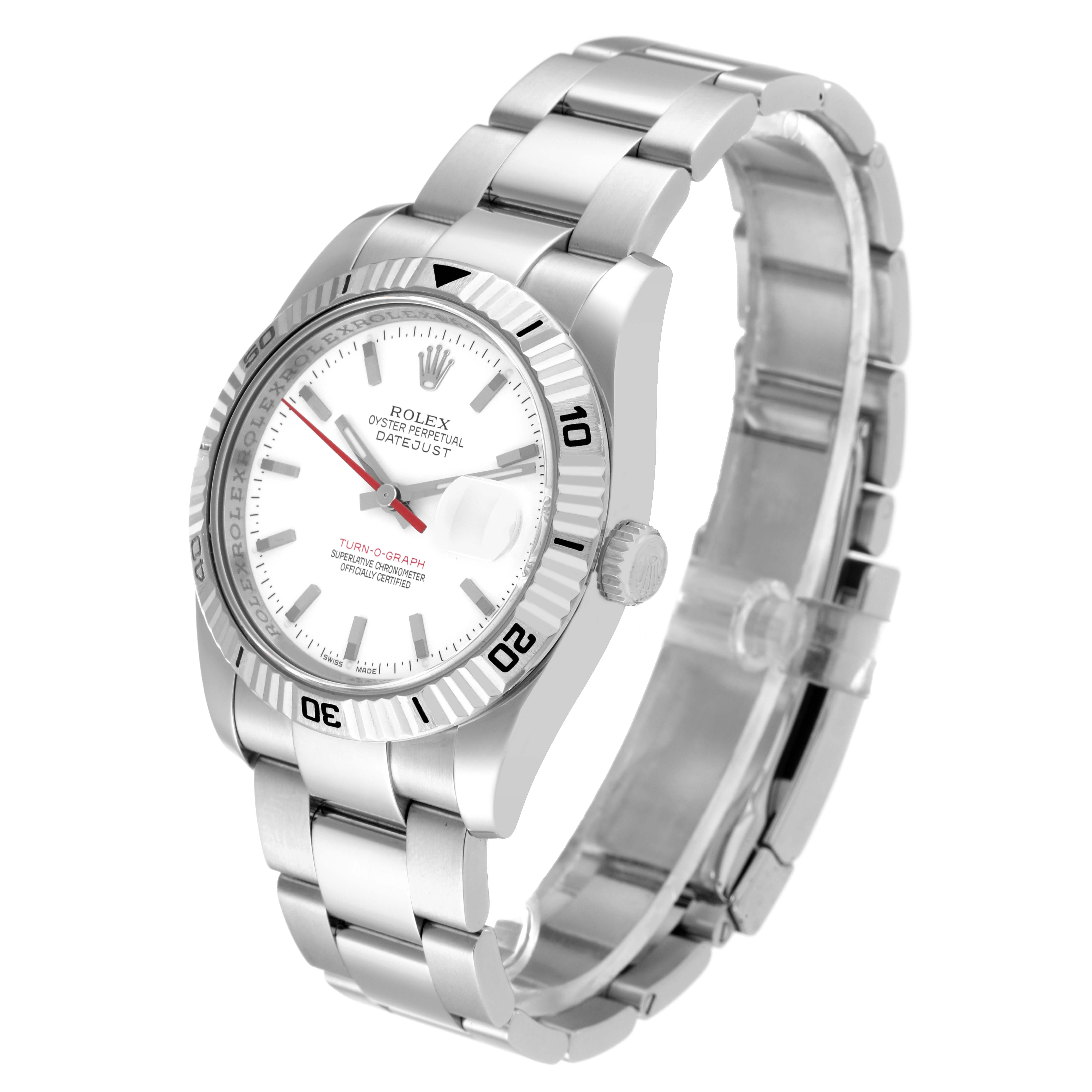 The image shows a Rolex Turn-o-Graph 116264 Men
s Stainless Steel White Dial 116264 Men
s Stainless Steel White Dial watch at a three-quarter angle, highlighting the dial, bezel, and bracelet.