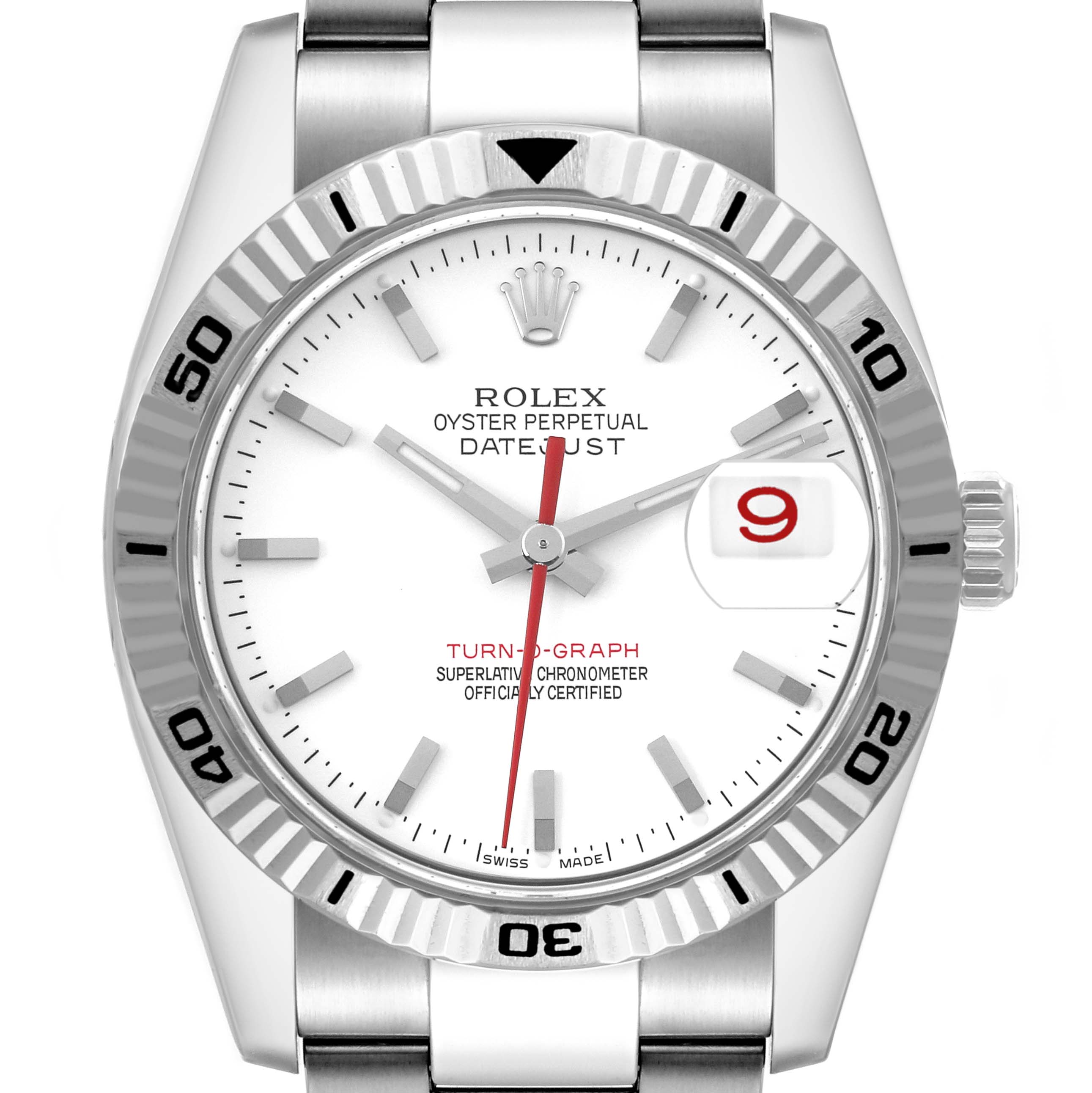The image shows a frontal view of a Rolex Turn-o-Graph 116264 Men
s Stainless Steel White Dial 116264 Men
s Stainless Steel White Dial watch, highlighting its dial, bezel, and bracelet.
