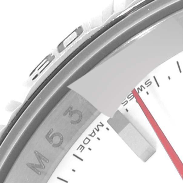 This image shows a close-up of the bezel, part of the dial, and a red second hand of the Rolex Turn-o-Graph 116264 Men
s Stainless Steel White Dial 116264 Men
s Stainless Steel White Dial model.