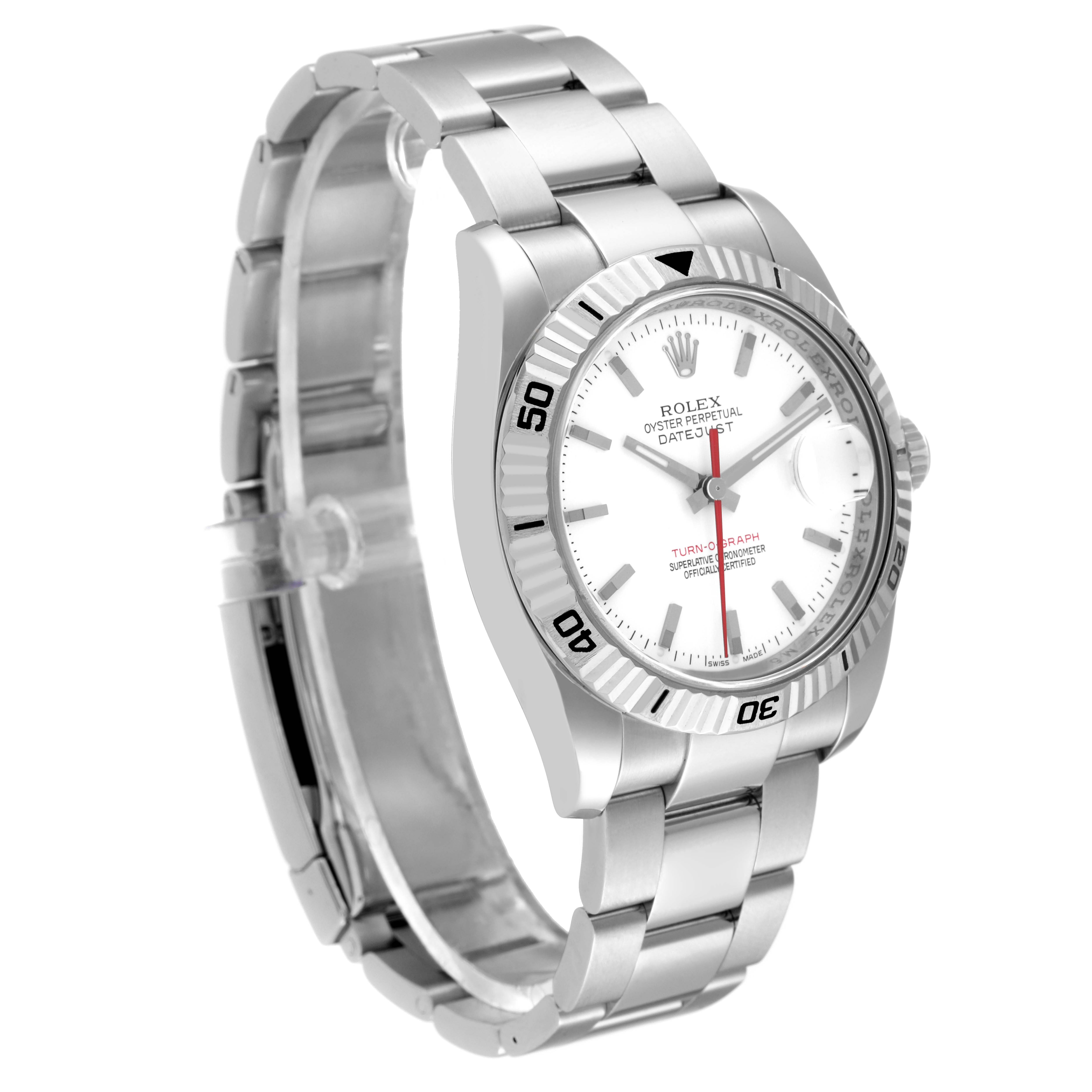 The image shows a Rolex Turn-o-Graph 116264 Men
s Stainless Steel White Dial 116264 Men
s Stainless Steel White Dial watch angled to display the face, bezel, and part of the strap.