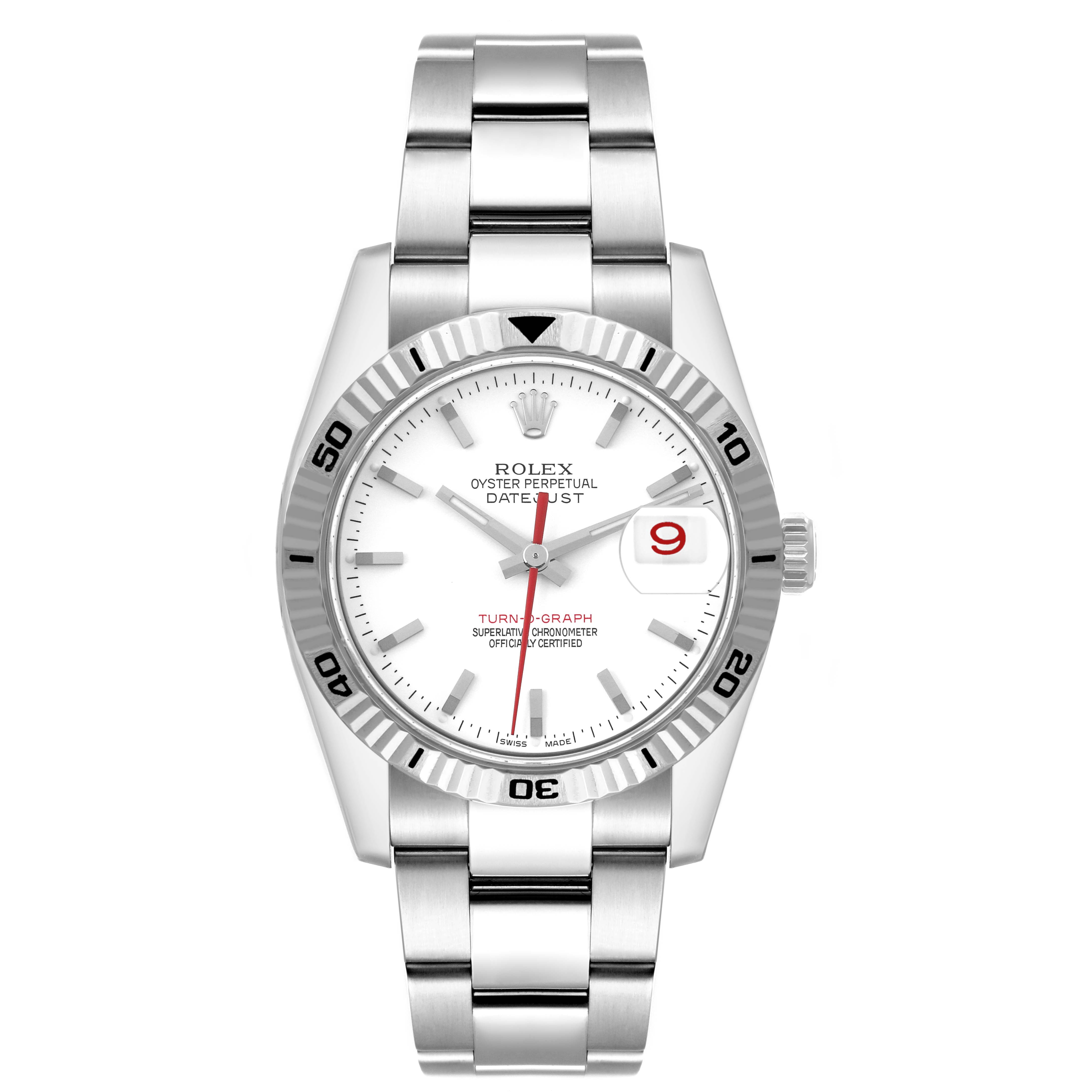 The image shows the front view of a Rolex Turn-o-Graph 116264 Men
s Stainless Steel White Dial 116264 Men
s Stainless Steel White Dial watch, displaying the dial, bezel, and bracelet.