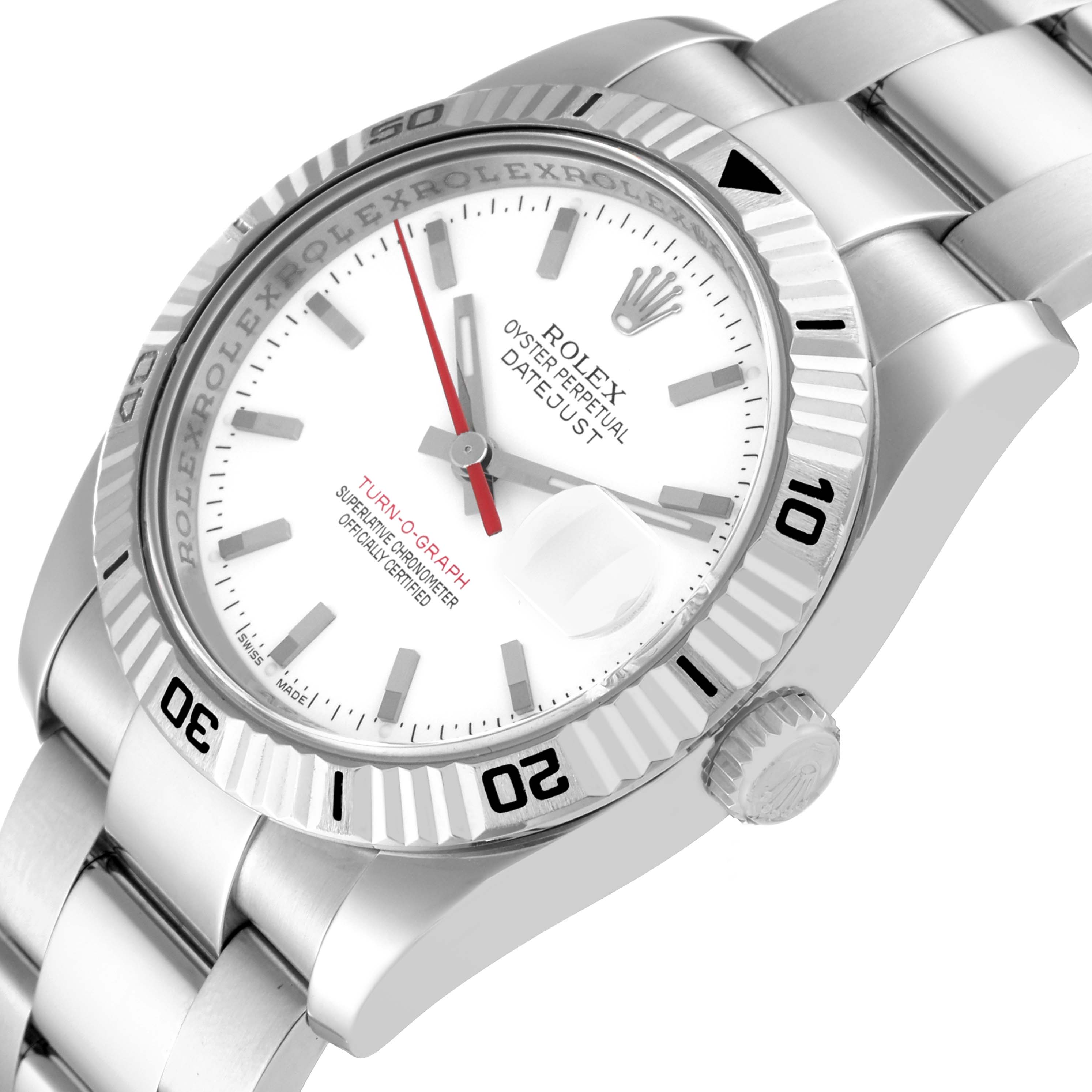 This image shows a close-up of the Rolex Turn-o-Graph 116264 Men
s Stainless Steel White Dial 116264 Men
s Stainless Steel White Dial watch face, bezel, crown, and part of the bracelet from an angled perspective.
