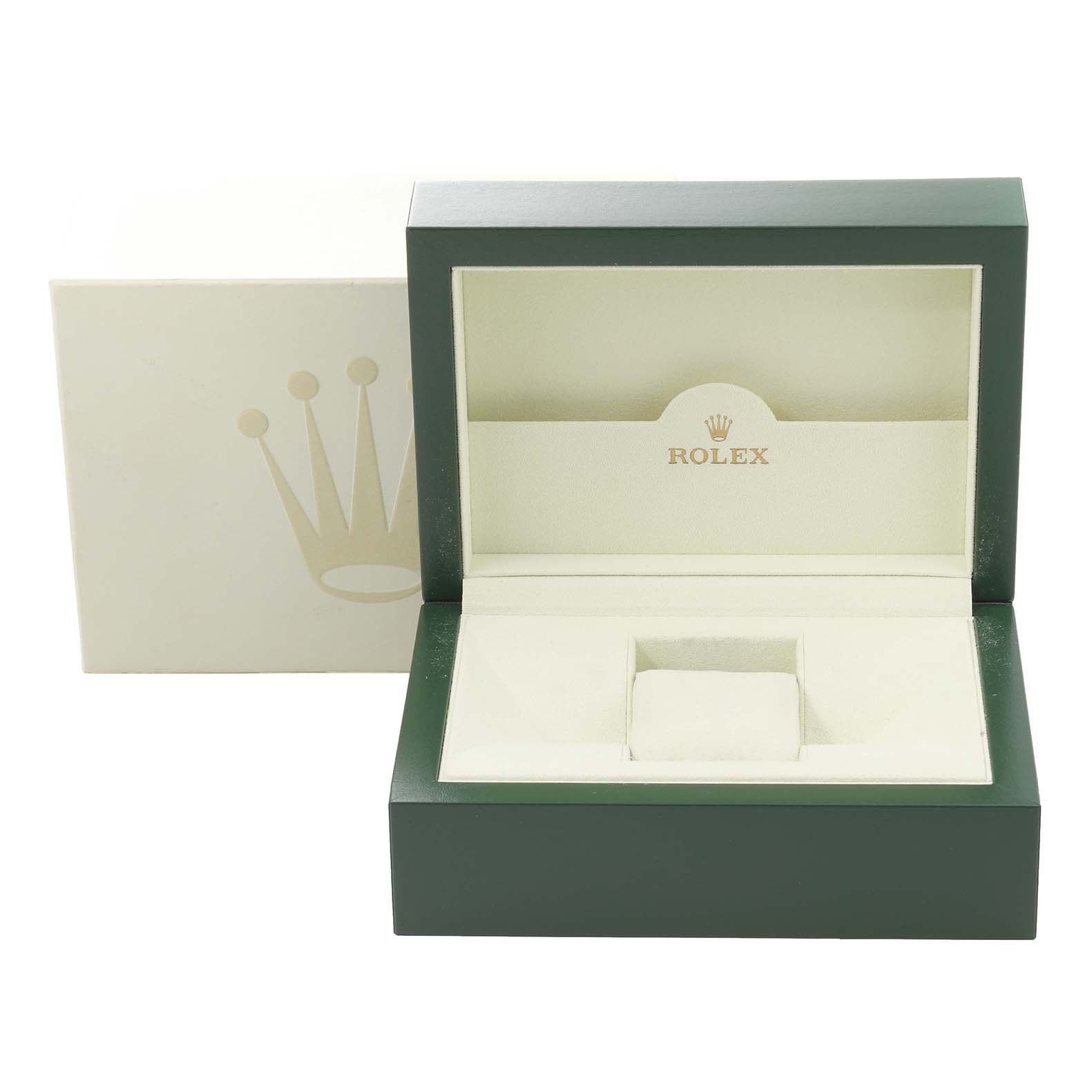 The image shows an open green and white Rolex box for the Turn-o-Graph model, without the watch inside.