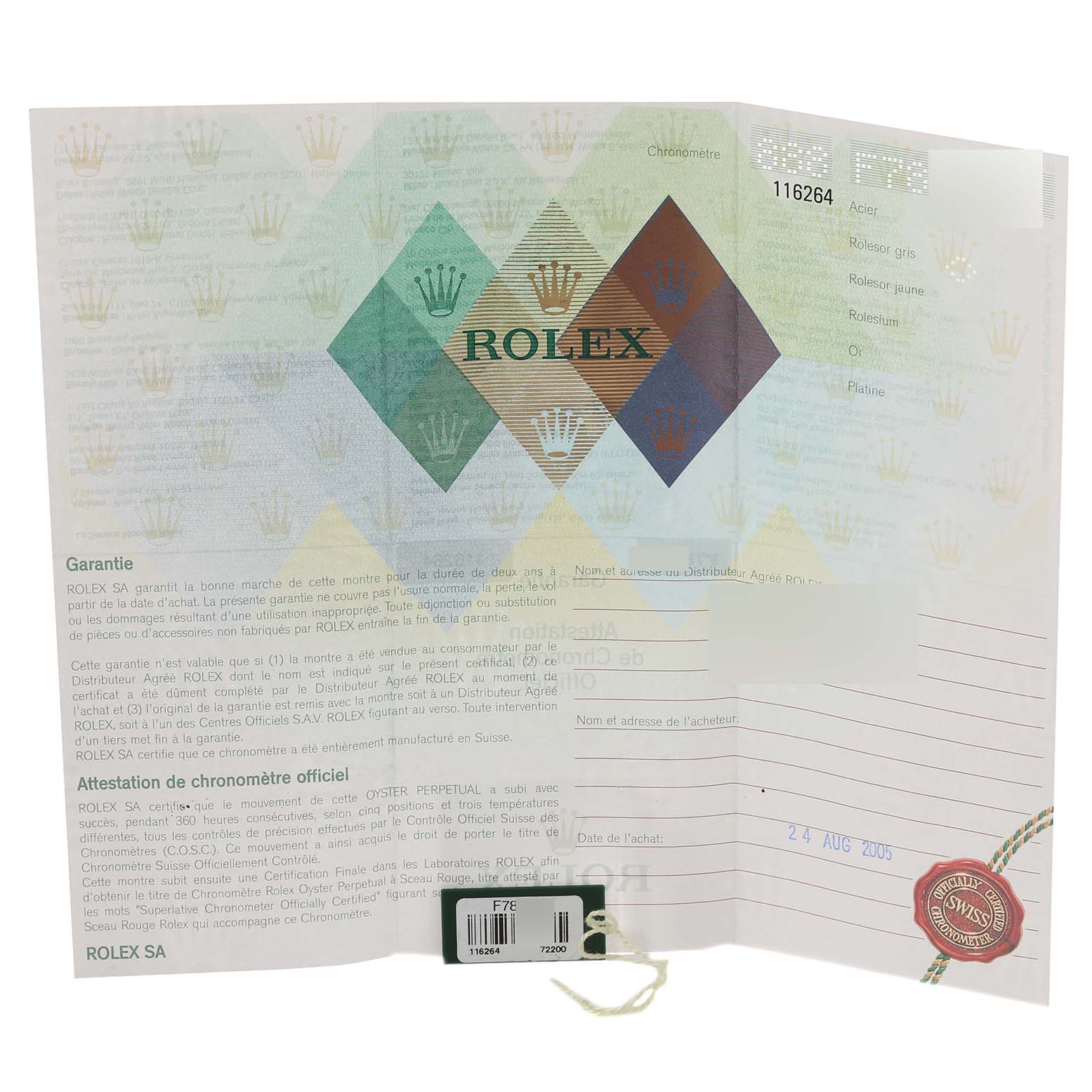 The image shows the warranty certificate and paperwork for a Rolex Turn-o-Graph 116264 Men
s Stainless Steel White Dial 116264 Men
s Stainless Steel White Dial model.