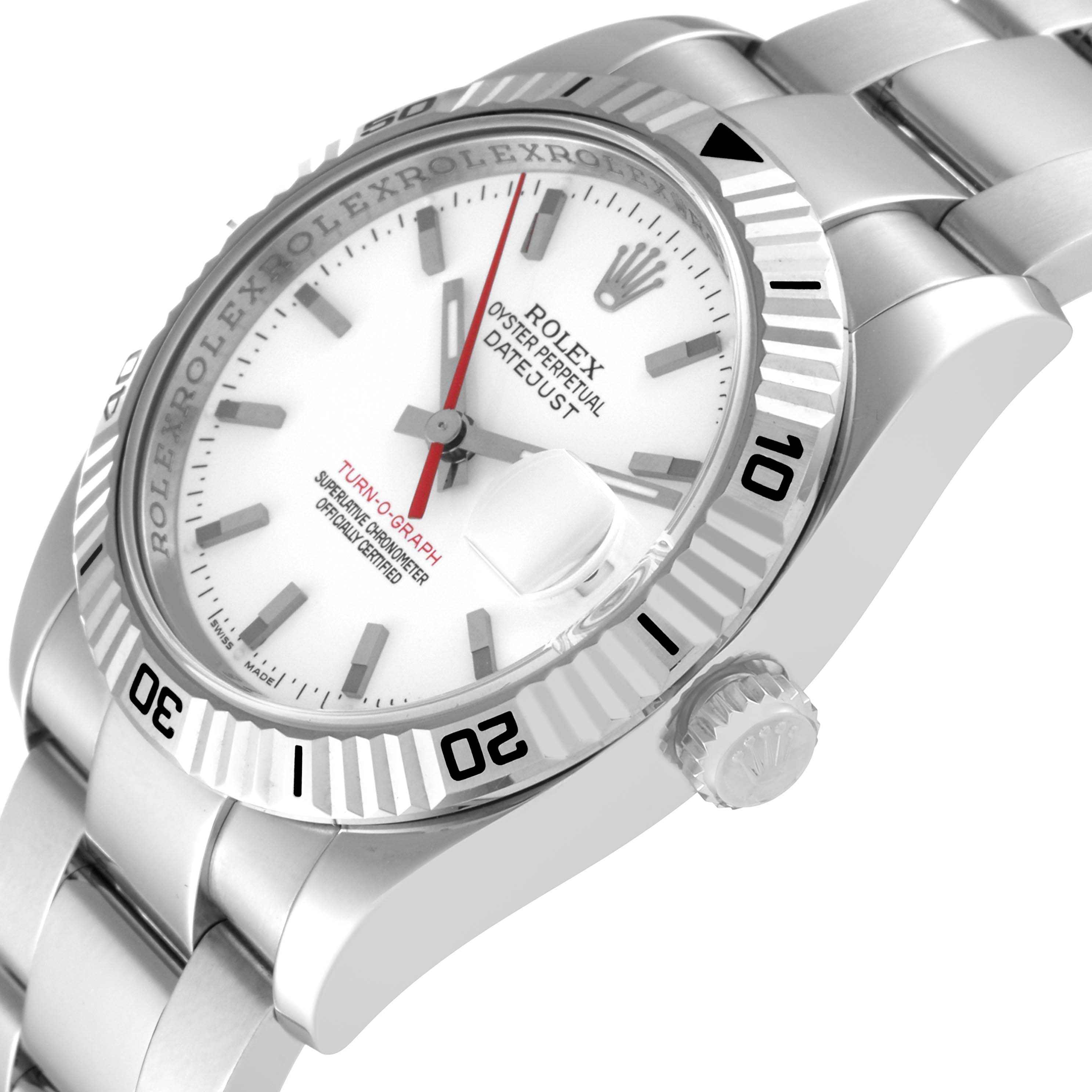 The Turn-o-Graph Rolex watch is shown at an angled close-up, displaying the face, bezel, and part of the bracelet.