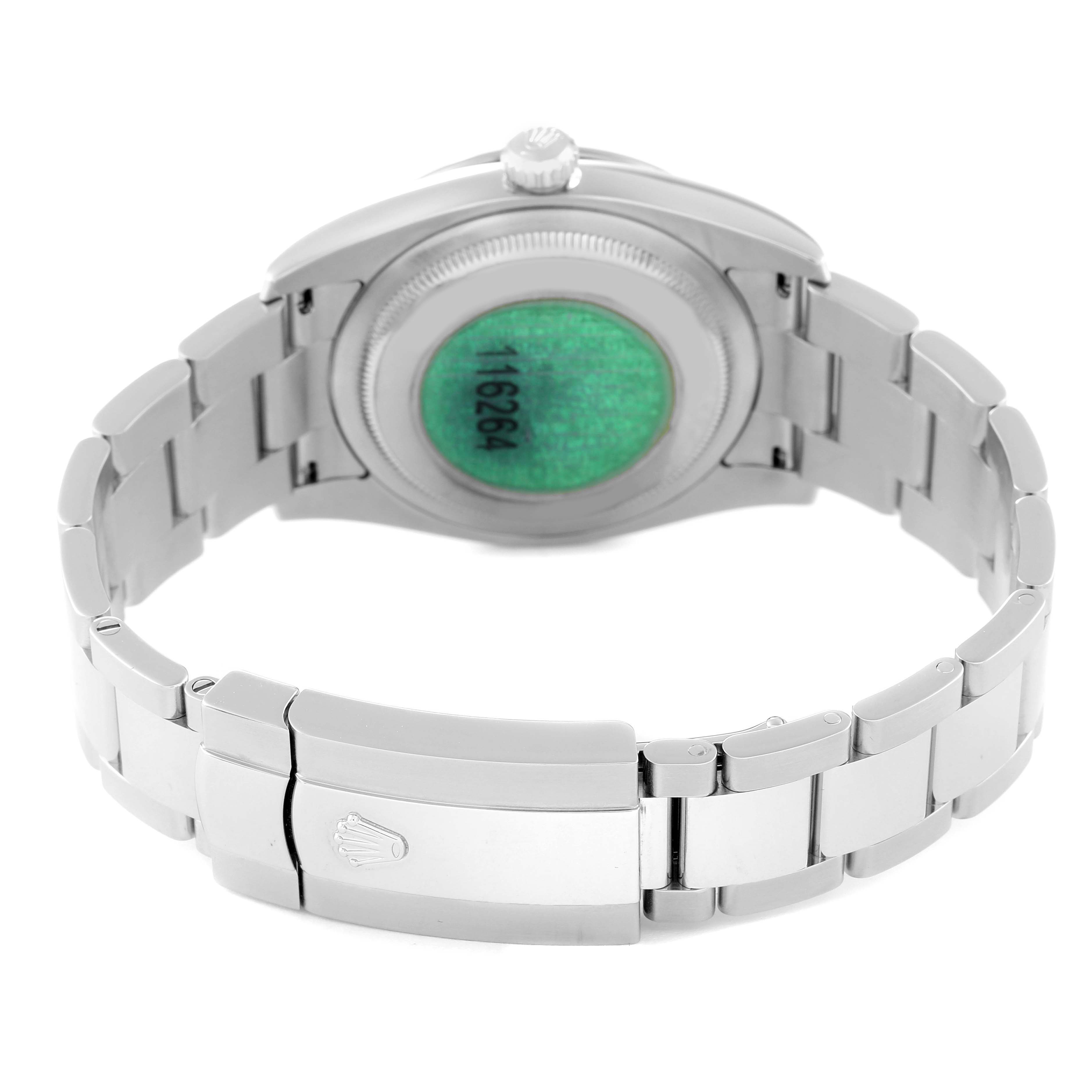 The image shows the back view of a Rolex Turn-o-Graph 116264 Men
s Stainless Steel White Dial 116264 Men
s Stainless Steel White Dial watch, including the clasp and bracelet.