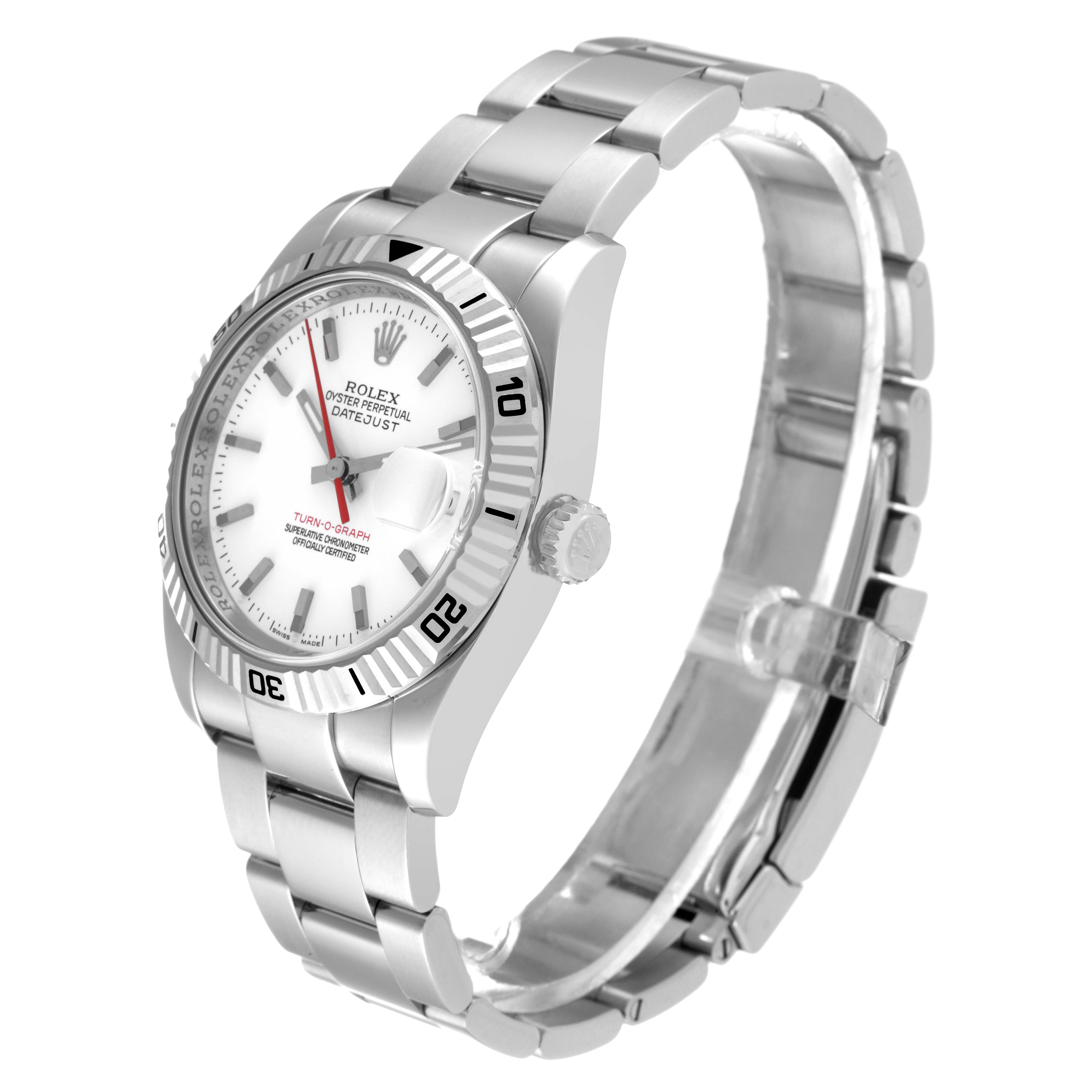 The image shows a side angle view of the Rolex Turn-o-Graph 116264 Men
s Stainless Steel White Dial 116264 Men
s Stainless Steel White Dial watch, displaying its face, bezel, and bracelet.