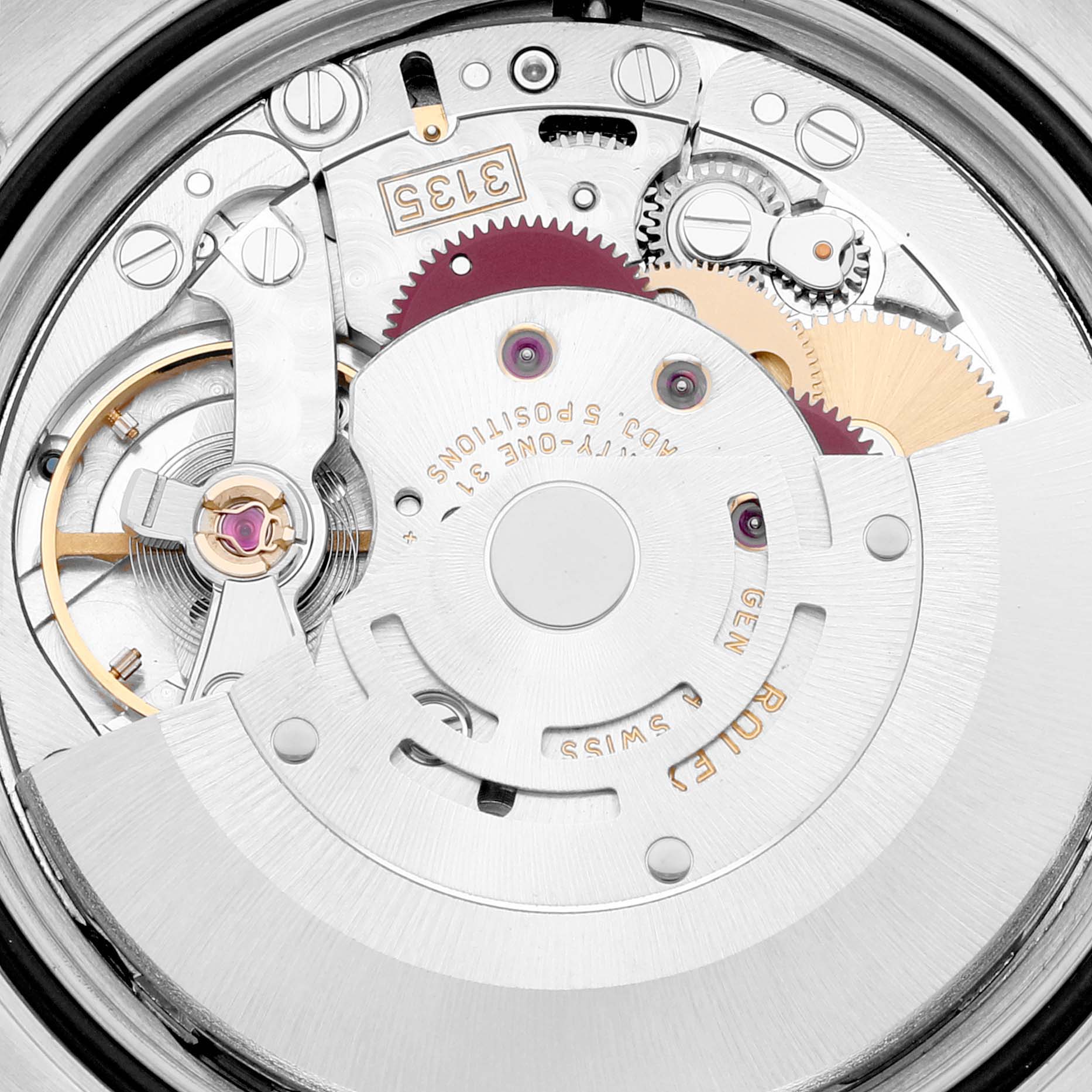 This image shows an angled view of the Rolex Turn-o-Graph 116264 Men
s Stainless Steel White Dial 116264 Men
s Stainless Steel White Dial watch movement, highlighting gears, screws, and mechanical components.