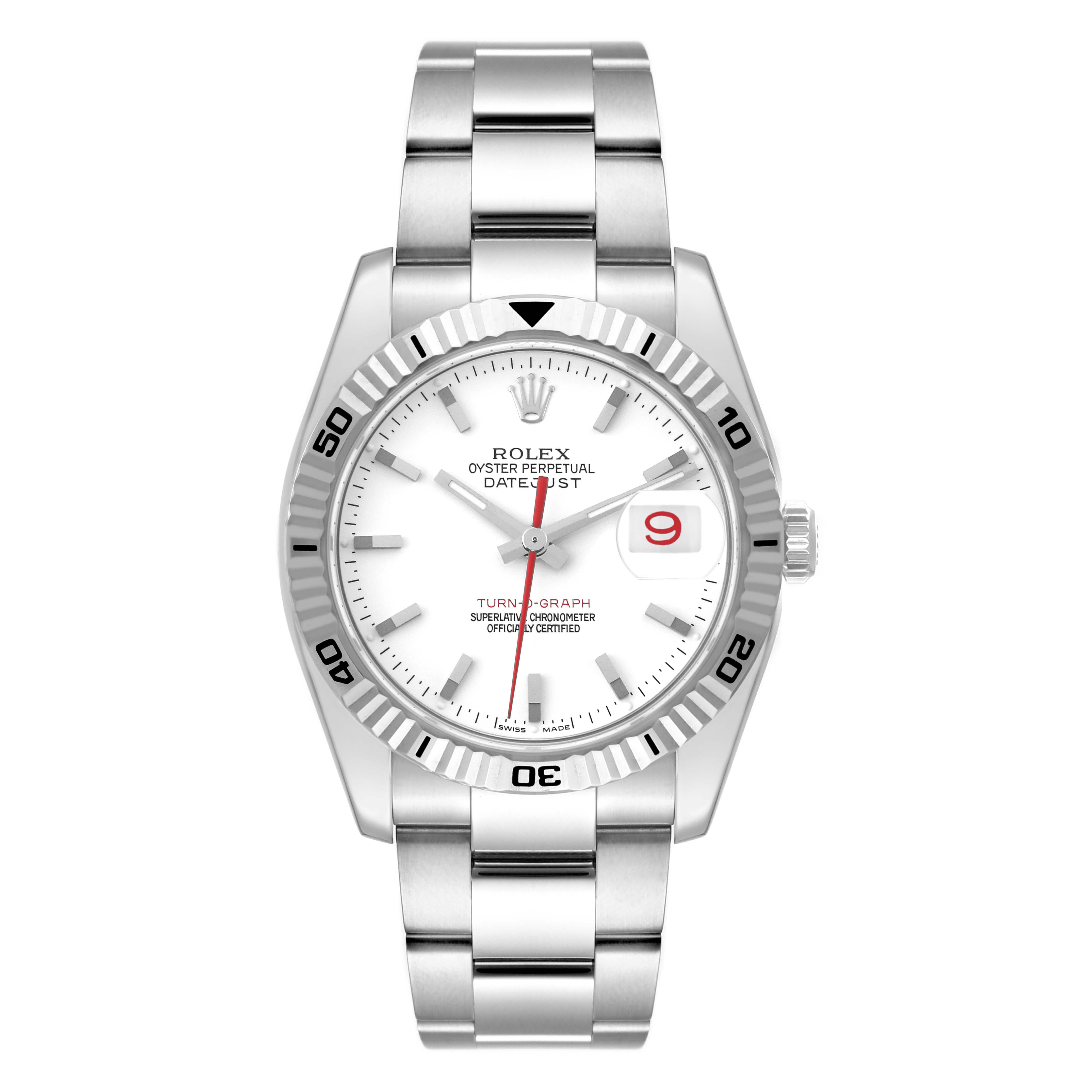 The image shows a front view of a Rolex Turn-o-Graph 116264 Men
s Stainless Steel White Dial 116264 Men
s Stainless Steel White Dial watch, displaying its dial, bezel, and bracelet.