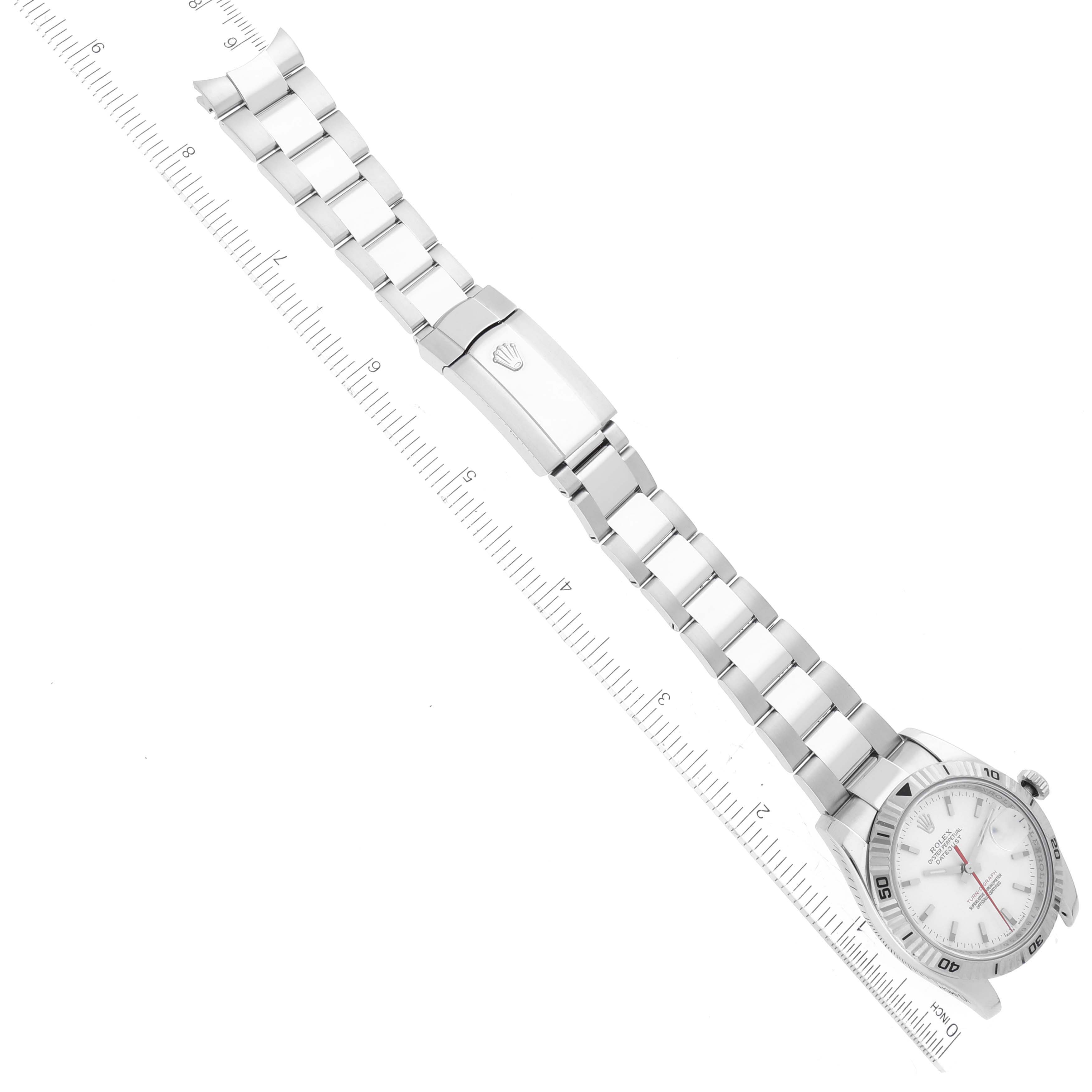 This image shows the Rolex Turn-o-Graph 116264 Men
s Stainless Steel White Dial 116264 Men
s Stainless Steel White Dial watch laid flat, displaying the face, bezel, and full metal bracelet.