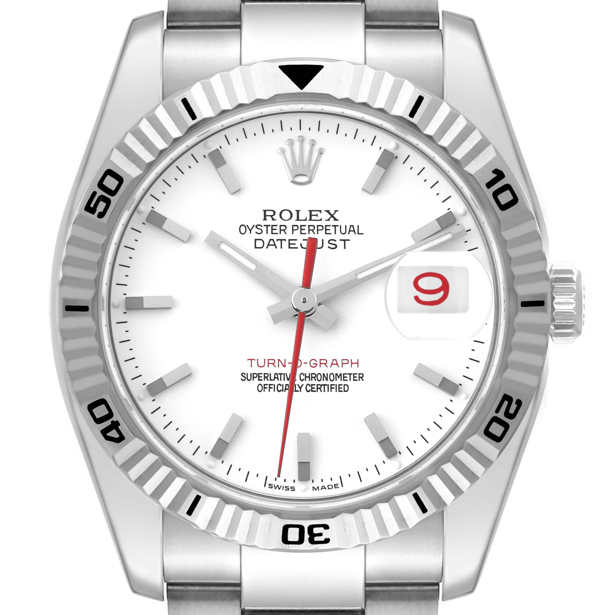 The image shows a front view of the Rolex Turn-o-Graph 116264 Men
s Stainless Steel White Dial 116264 Men
s Stainless Steel White Dial watch displaying the dial, bezel, crown, and part of the bracelet.