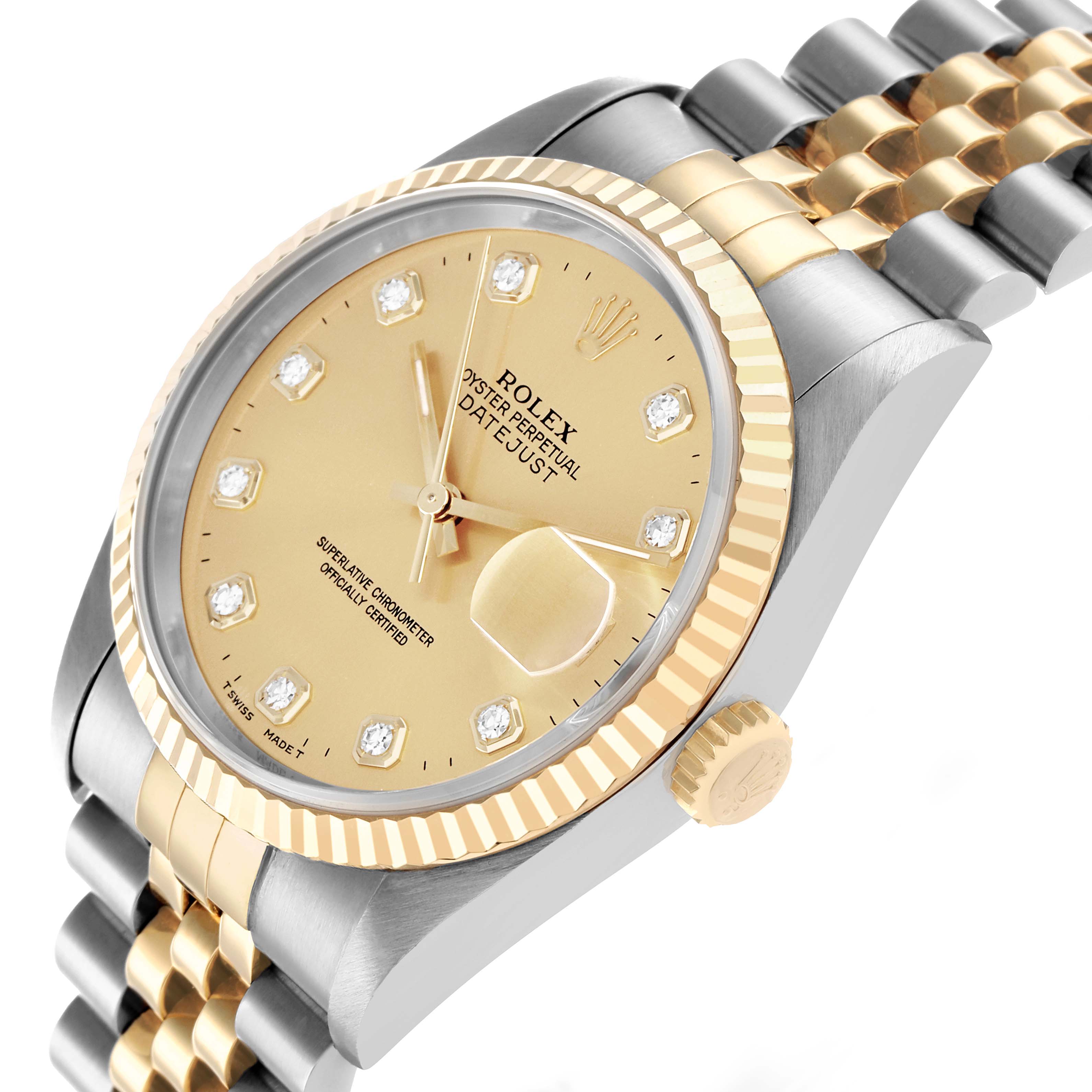 The Rolex Datejust 16233 Men
s Steel and Gold (two tone) Champagne Dial watch is shown at an angle highlighting the dial, bezel, crown, and part of the bracelet.