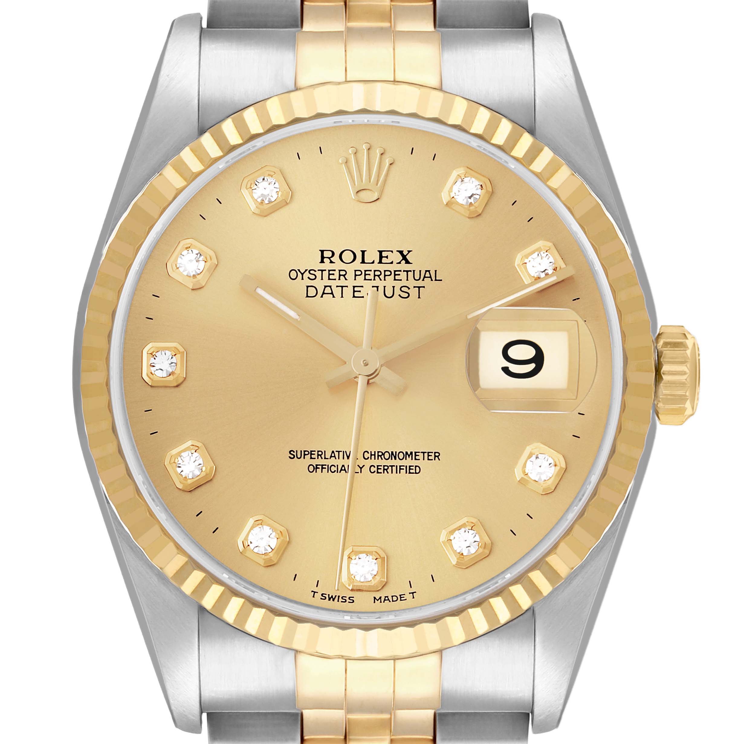The Rolex Datejust 16233 Men
s Steel and Gold (two tone) Champagne Dial watch is shown head-on, highlighting the gold and silver case, fluted bezel, and date window.