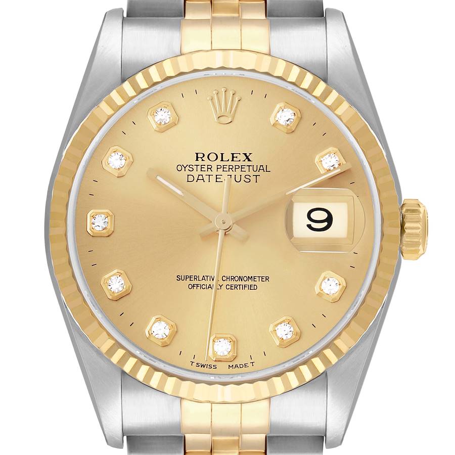 The Rolex Datejust 16233 Men's Steel and Gold (two tone) Champagne Dial watch is shown head-on, highlighting the gold and silver case, fluted bezel, and date window.