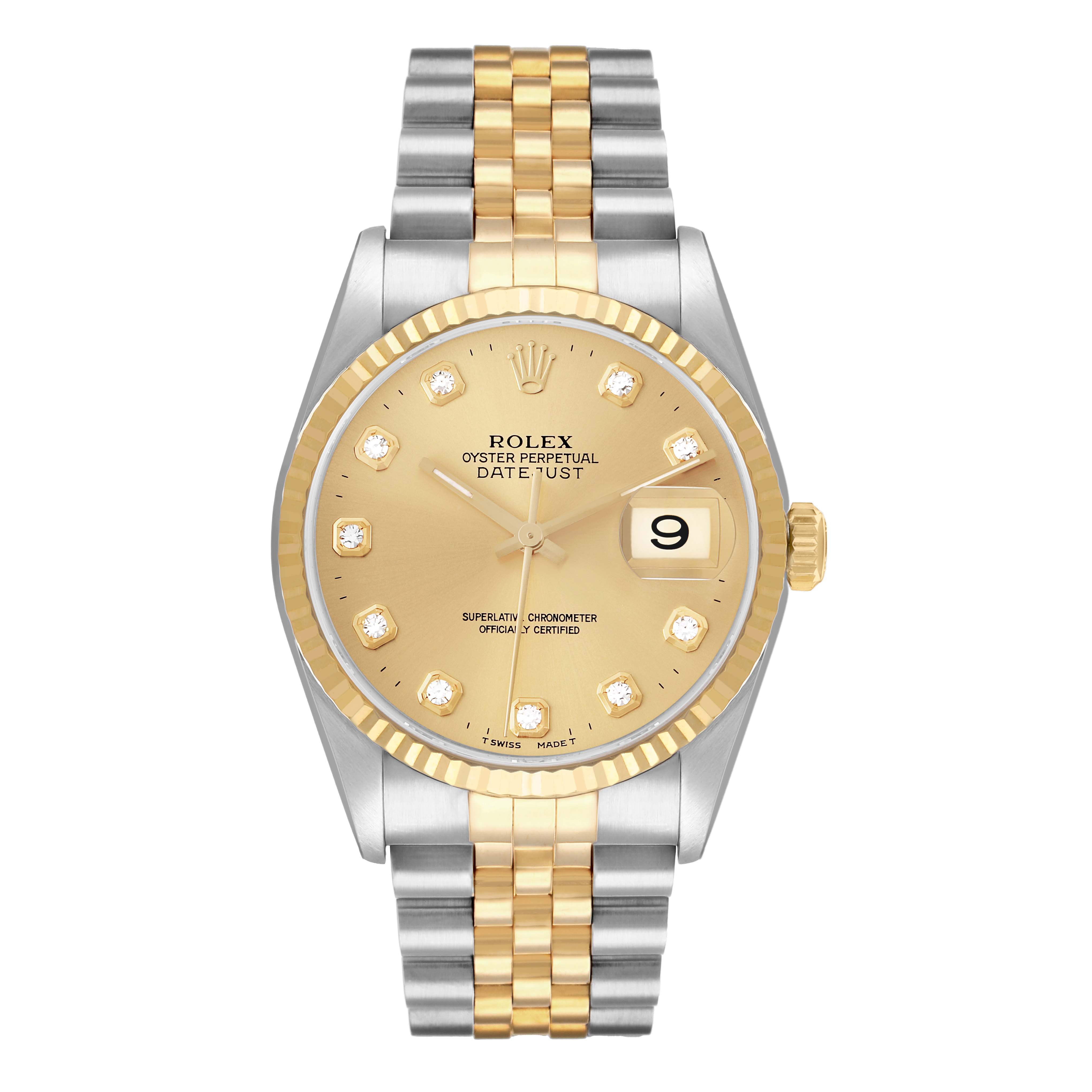 The Rolex Datejust 16233 Men
s Steel and Gold (two tone) Champagne Dial watch is shown from a top-down angle, highlighting its two-tone bracelet and diamond hour markers.