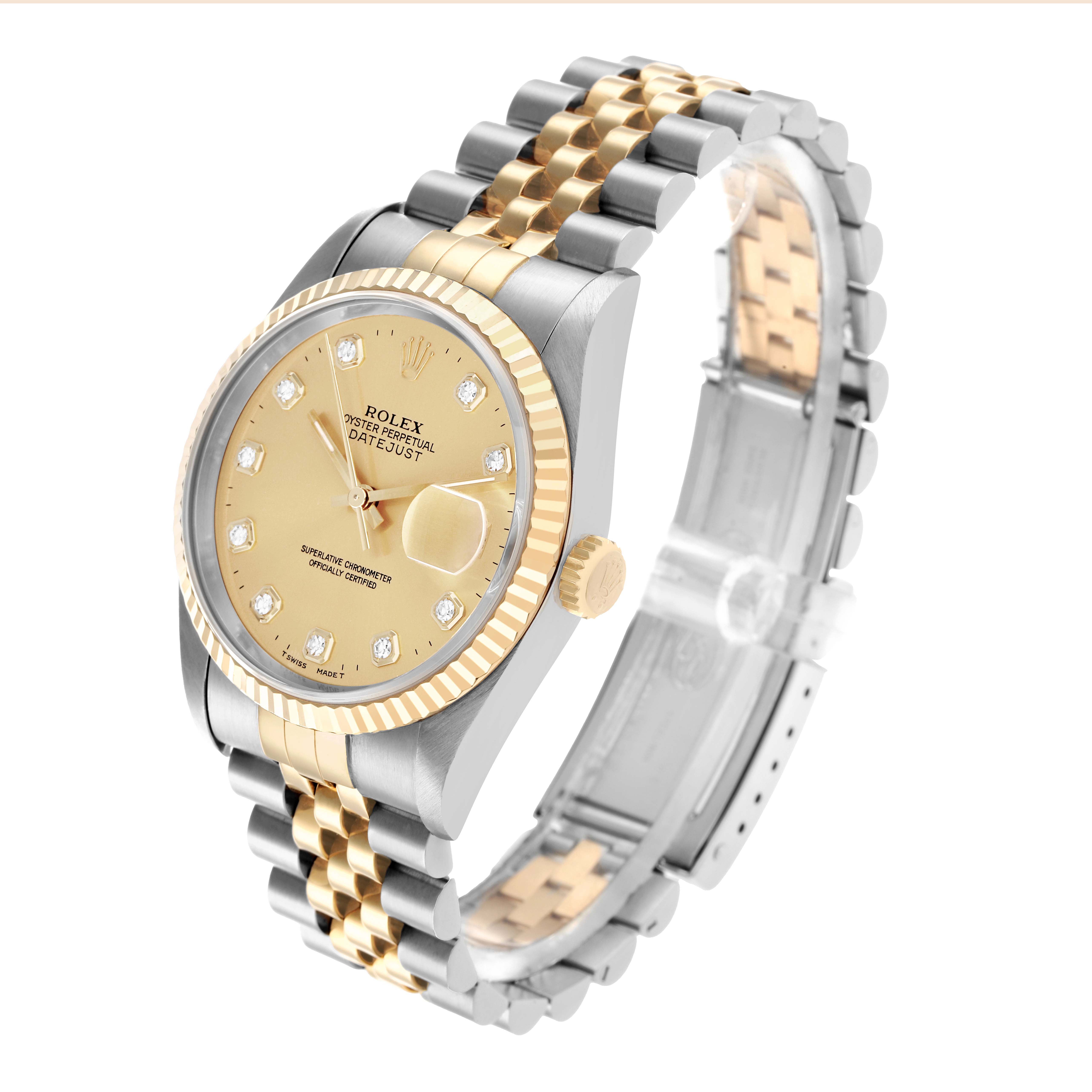 The Rolex Datejust 16233 Men
s Steel and Gold (two tone) Champagne Dial watch is shown at a three-quarter angle highlighting the face, dial, and bracelet.