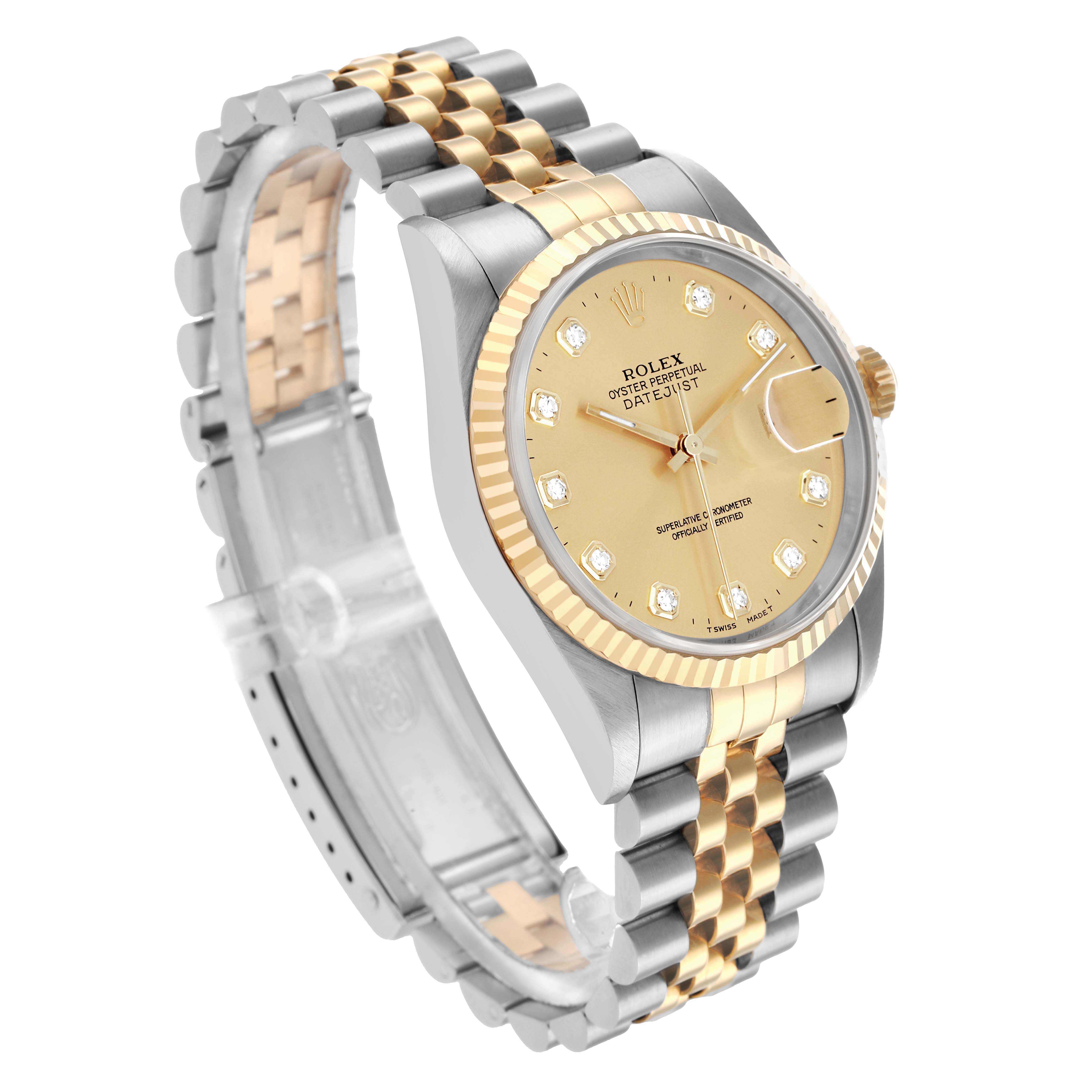 The Rolex Datejust 16233 Men
s Steel and Gold (two tone) Champagne Dial watch is shown at an angle displaying the face, bezel, and two-tone bracelet.