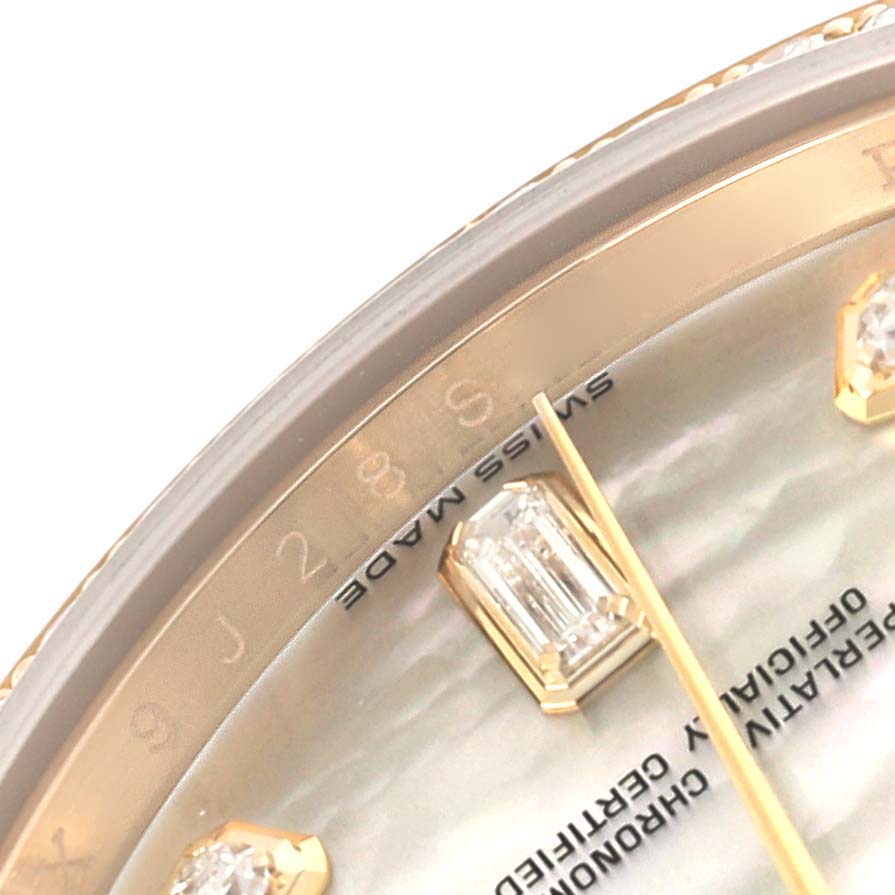 This close-up shows the dial and part of the bezel of a Rolex President 118348 Men
s Yellow Gold Mother of Pearl Dial 118348 Men
s Yellow Gold Mother of Pearl Dial watch, highlighting the markers and "Swiss Made" text.
