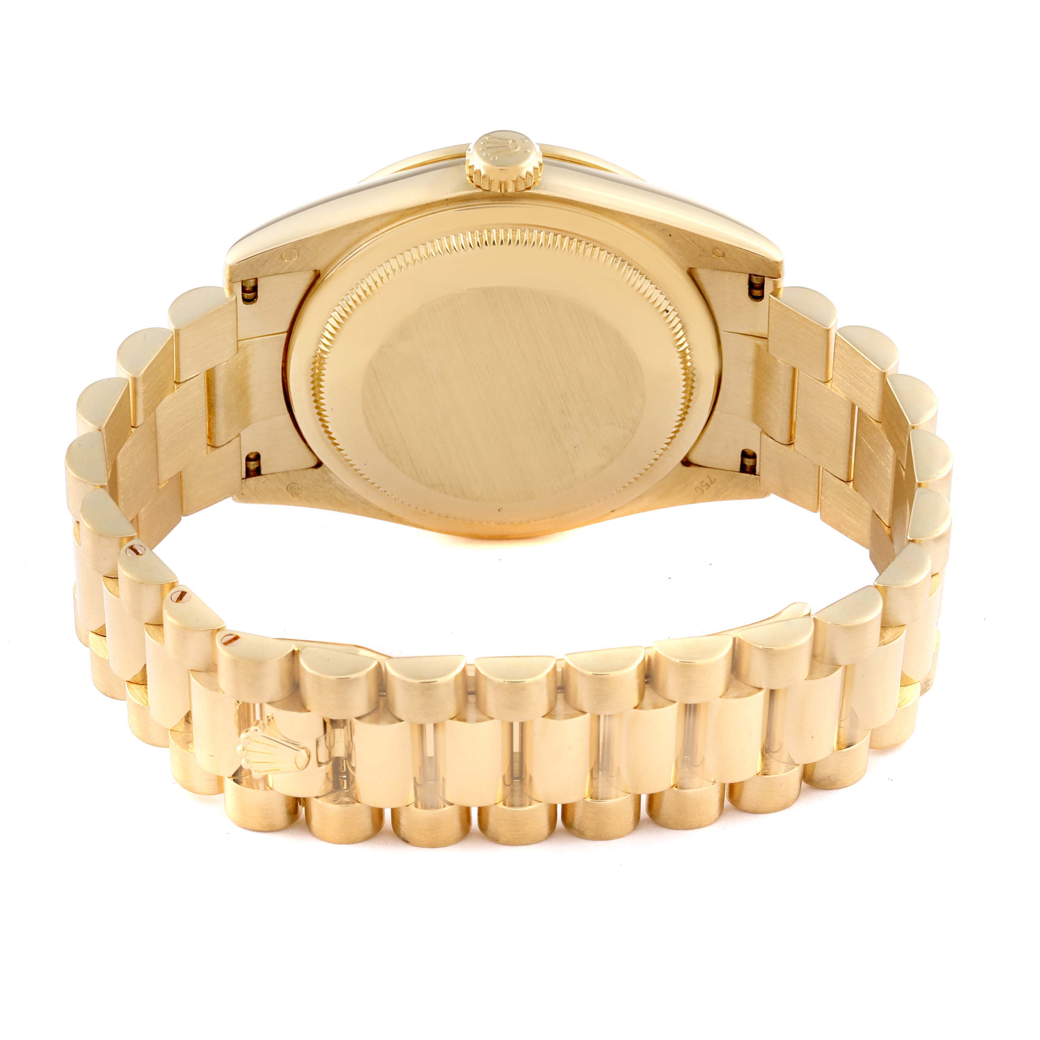 The image shows the Rolex President 118348 Men
s Yellow Gold Mother of Pearl Dial 118348 Men
s Yellow Gold Mother of Pearl Dial model from the rear, highlighting the bracelet and case back.