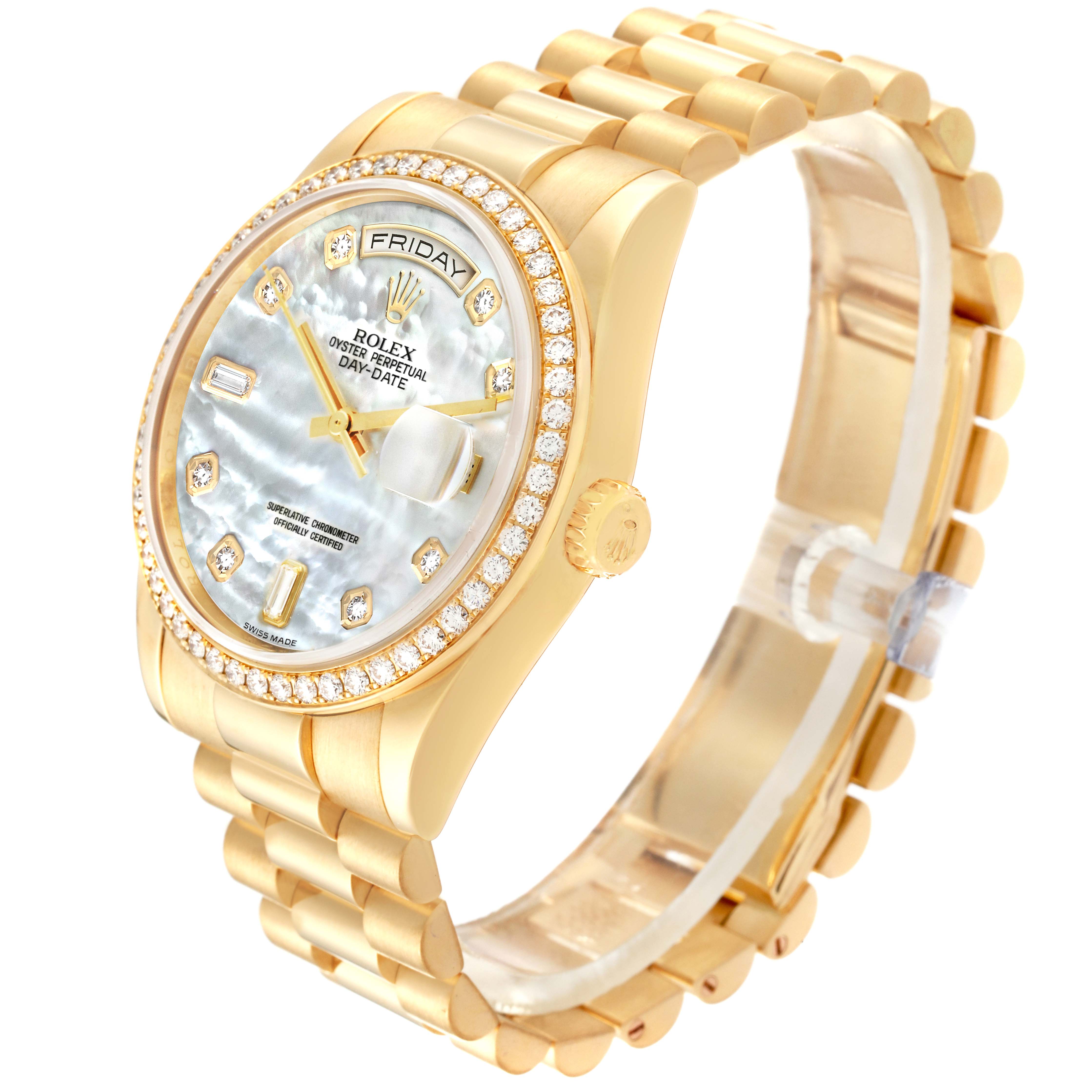 The Rolex President 118348 Men
s Yellow Gold Mother of Pearl Dial 118348 Men
s Yellow Gold Mother of Pearl Dial watch is shown at a three-quarter angle, highlighting the face, band, and diamond bezel.