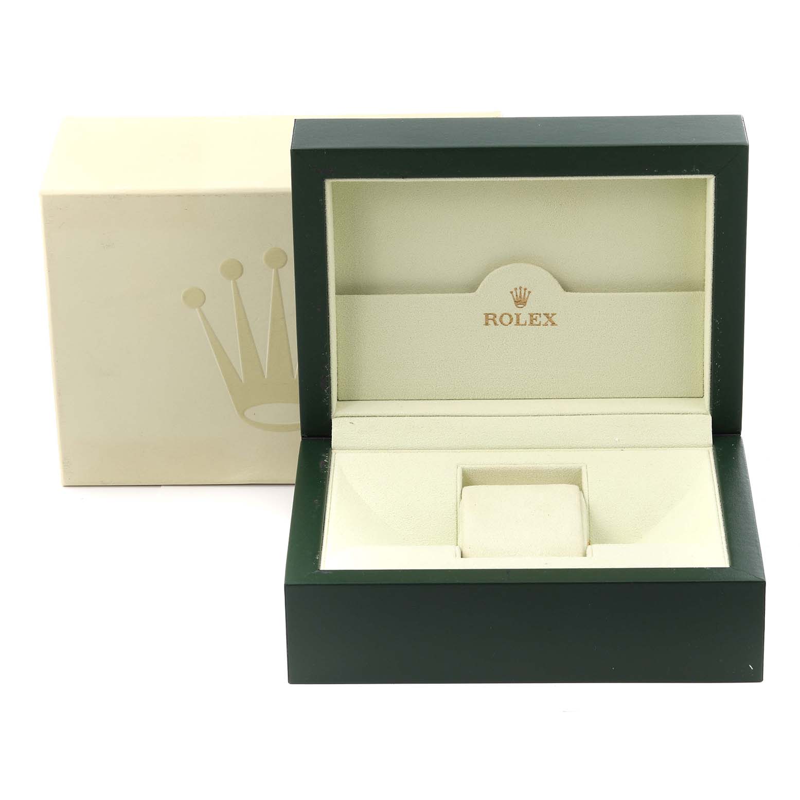 The image shows the open box for a Rolex President 118348 Men
s Yellow Gold Mother of Pearl Dial 118348 Men
s Yellow Gold Mother of Pearl Dial model, revealing its green exterior and cream interior with the Rolex logo.