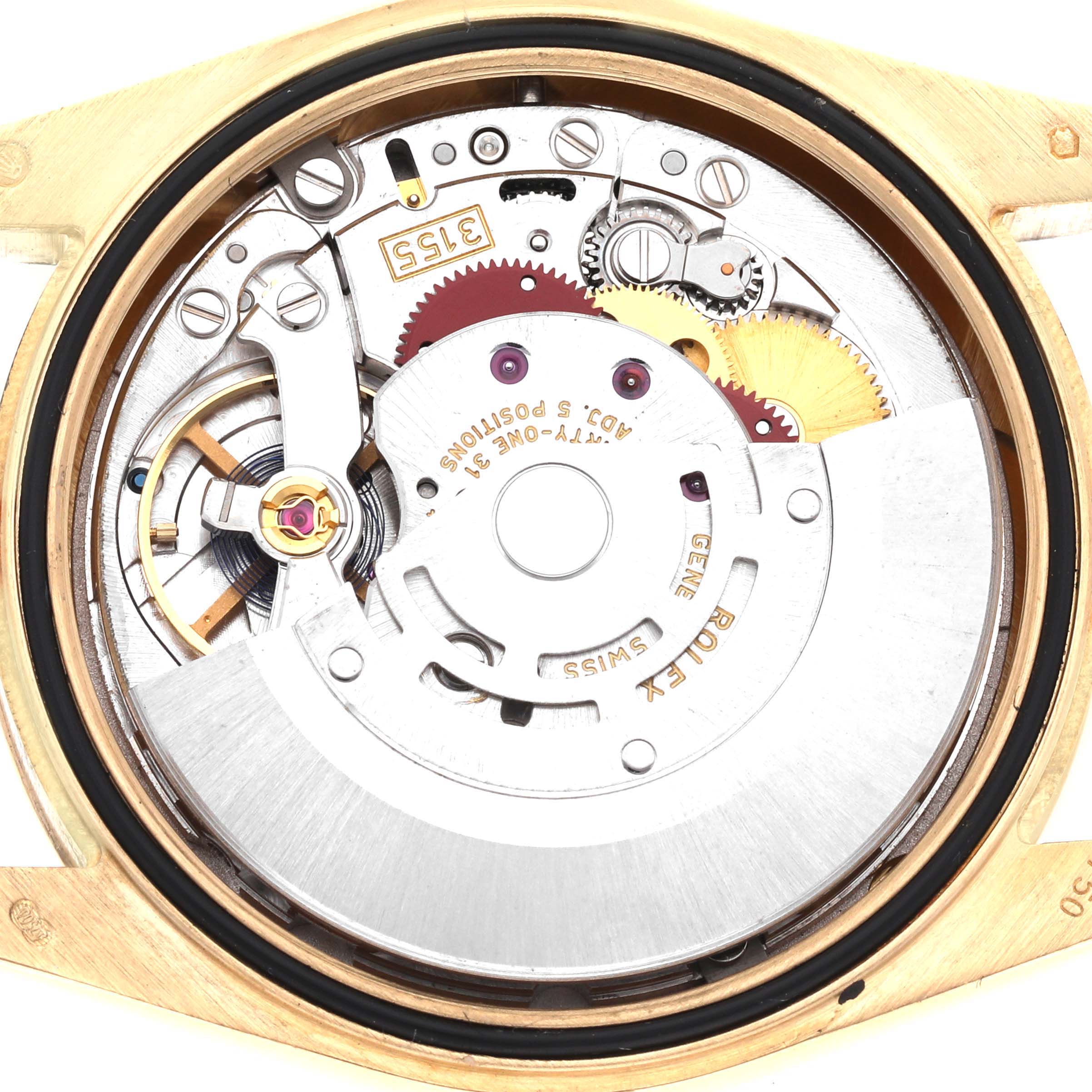 The image shows the internal mechanism of a Rolex President 118348 Men
s Yellow Gold Mother of Pearl Dial 118348 Men
s Yellow Gold Mother of Pearl Dial model watch from the back.
