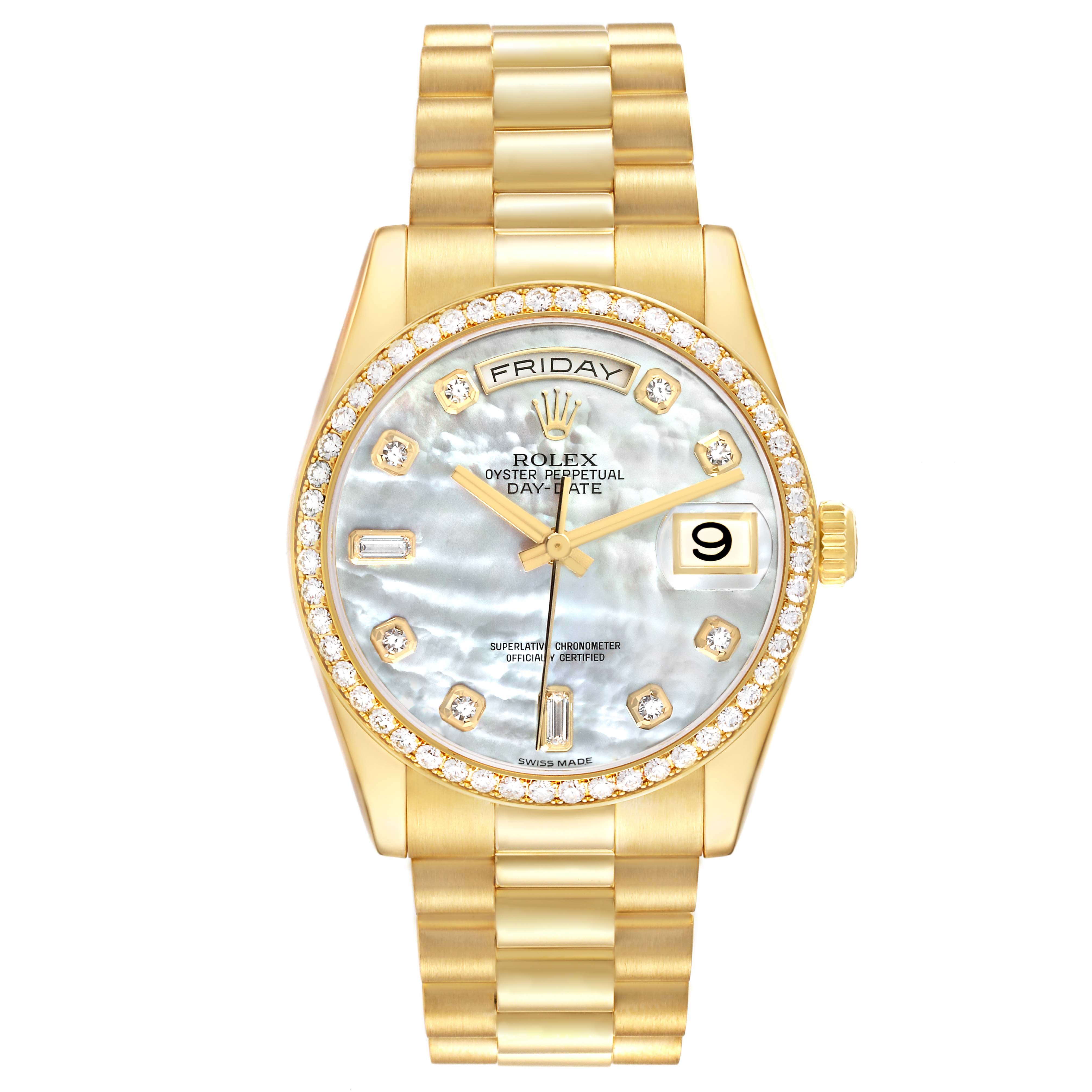 The Rolex President 118348 Men
s Yellow Gold Mother of Pearl Dial 118348 Men
s Yellow Gold Mother of Pearl Dial model is shown from a front angle, highlighting the dial, bezel, and bracelet.