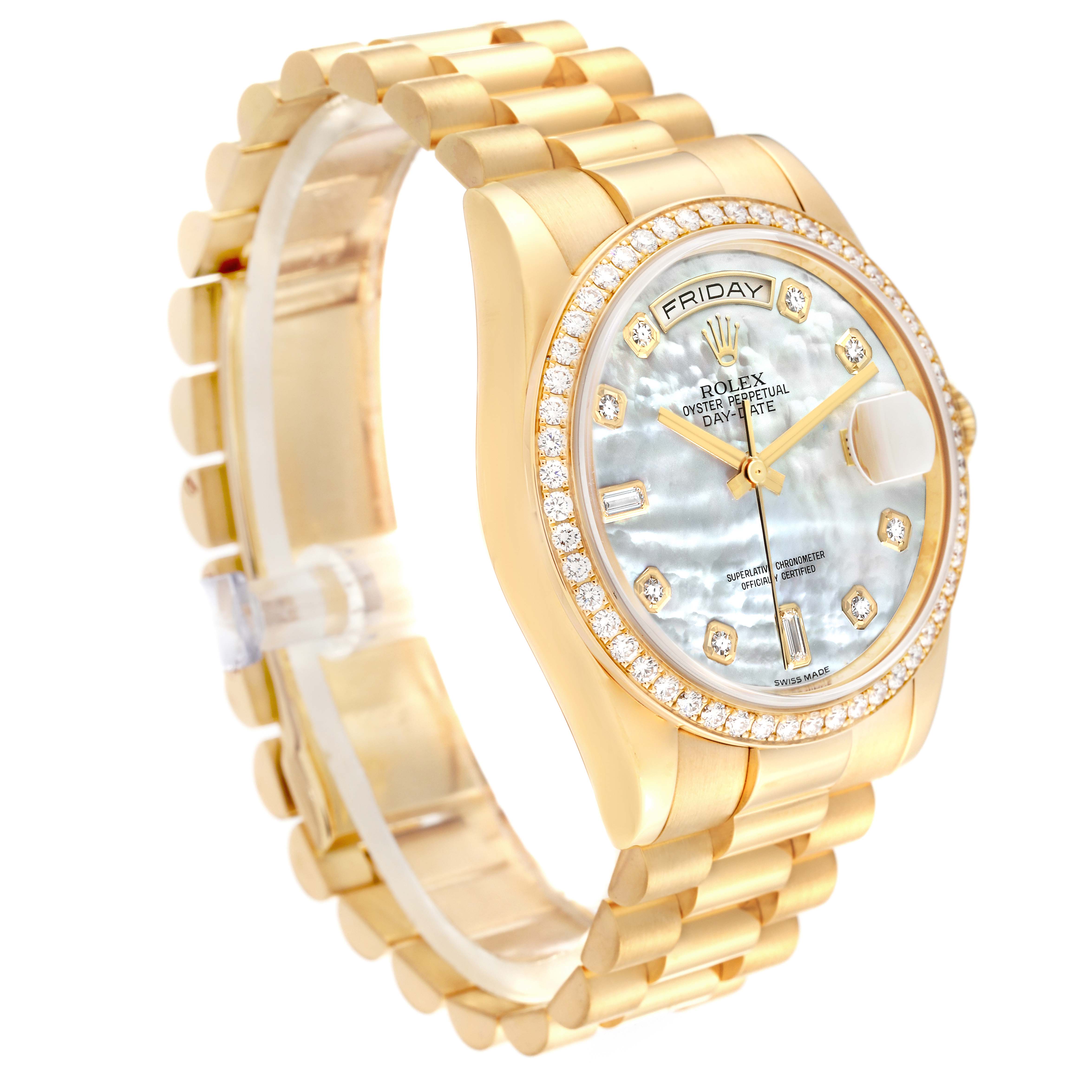 The Rolex President 118348 Men
s Yellow Gold Mother of Pearl Dial 118348 Men
s Yellow Gold Mother of Pearl Dial model watch is shown at a three-quarter angle, displaying the bezel, dial, and bracelet.
