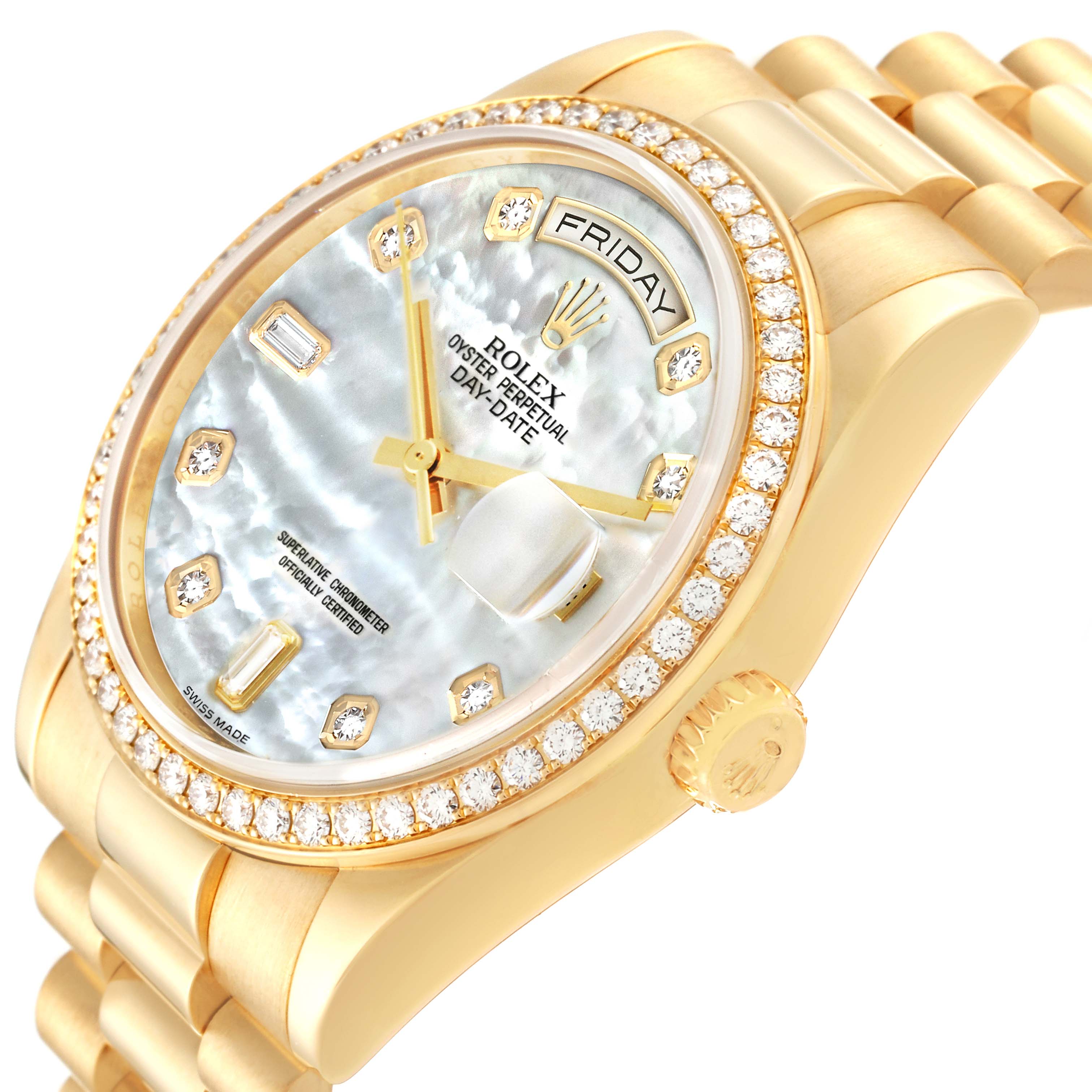 The Rolex President 118348 Men
s Yellow Gold Mother of Pearl Dial 118348 Men
s Yellow Gold Mother of Pearl Dial model is shown at a slight angle, highlighting the face, bezel, and part of the band.