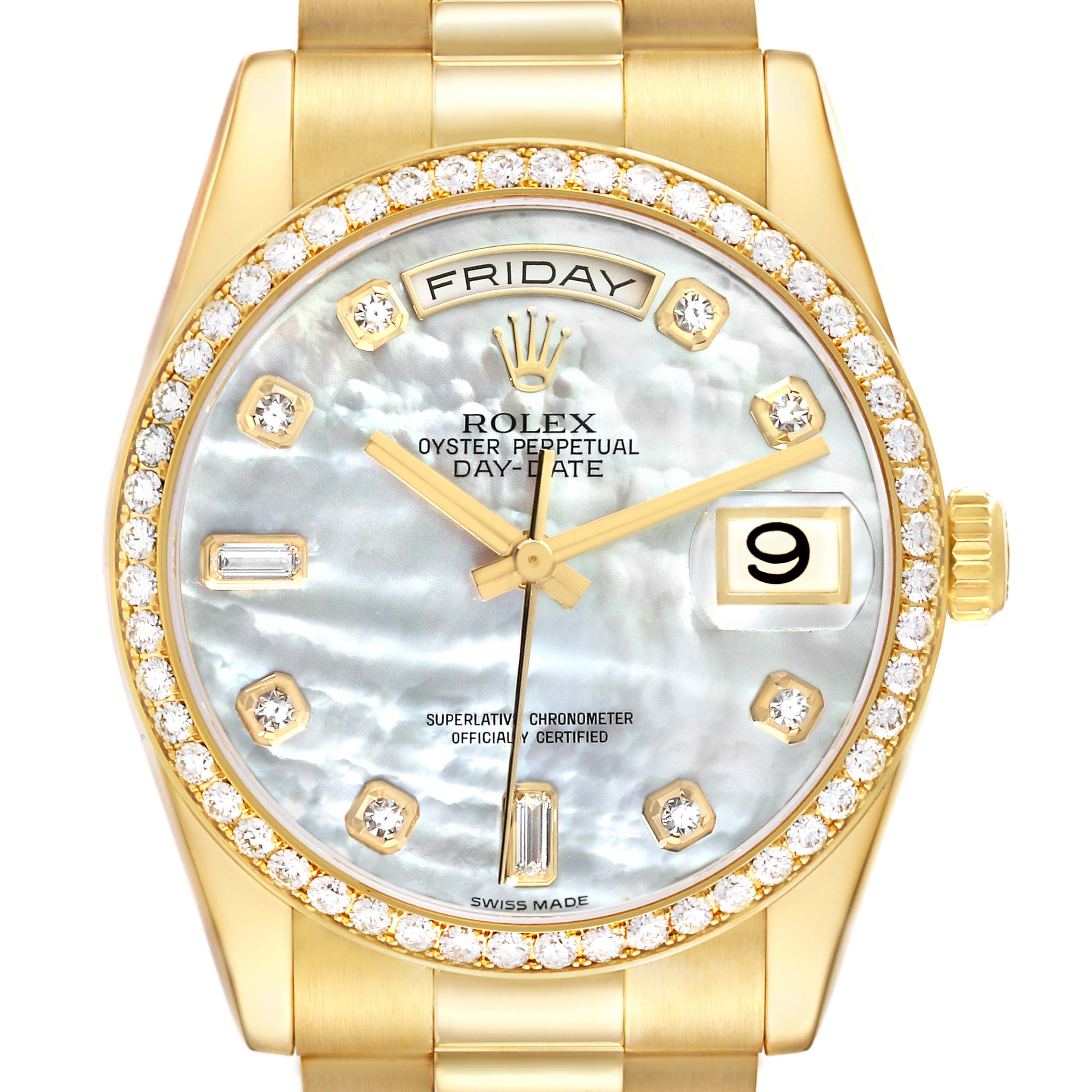 The Rolex President 118348 Men
s Yellow Gold Mother of Pearl Dial 118348 Men
s Yellow Gold Mother of Pearl Dial model is shown from the front, displaying the dial, bezel, and part of the bracelet.