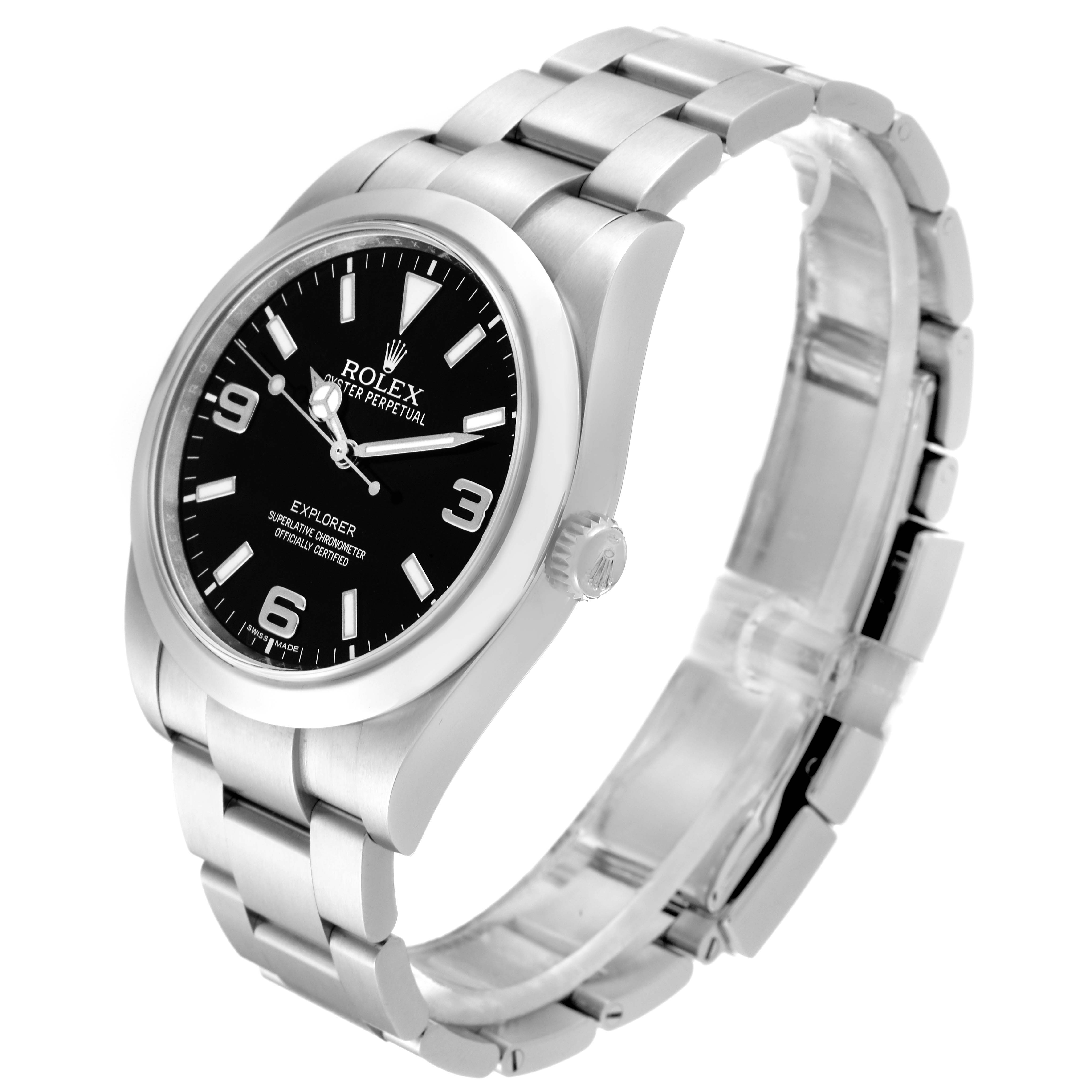 The Rolex Explorer 214270 Men
s Stainless Steel Black Dial 214270 Men
s Stainless Steel Black Dial watch is shown at an angled view, displaying the face, bezel, crown, and bracelet.