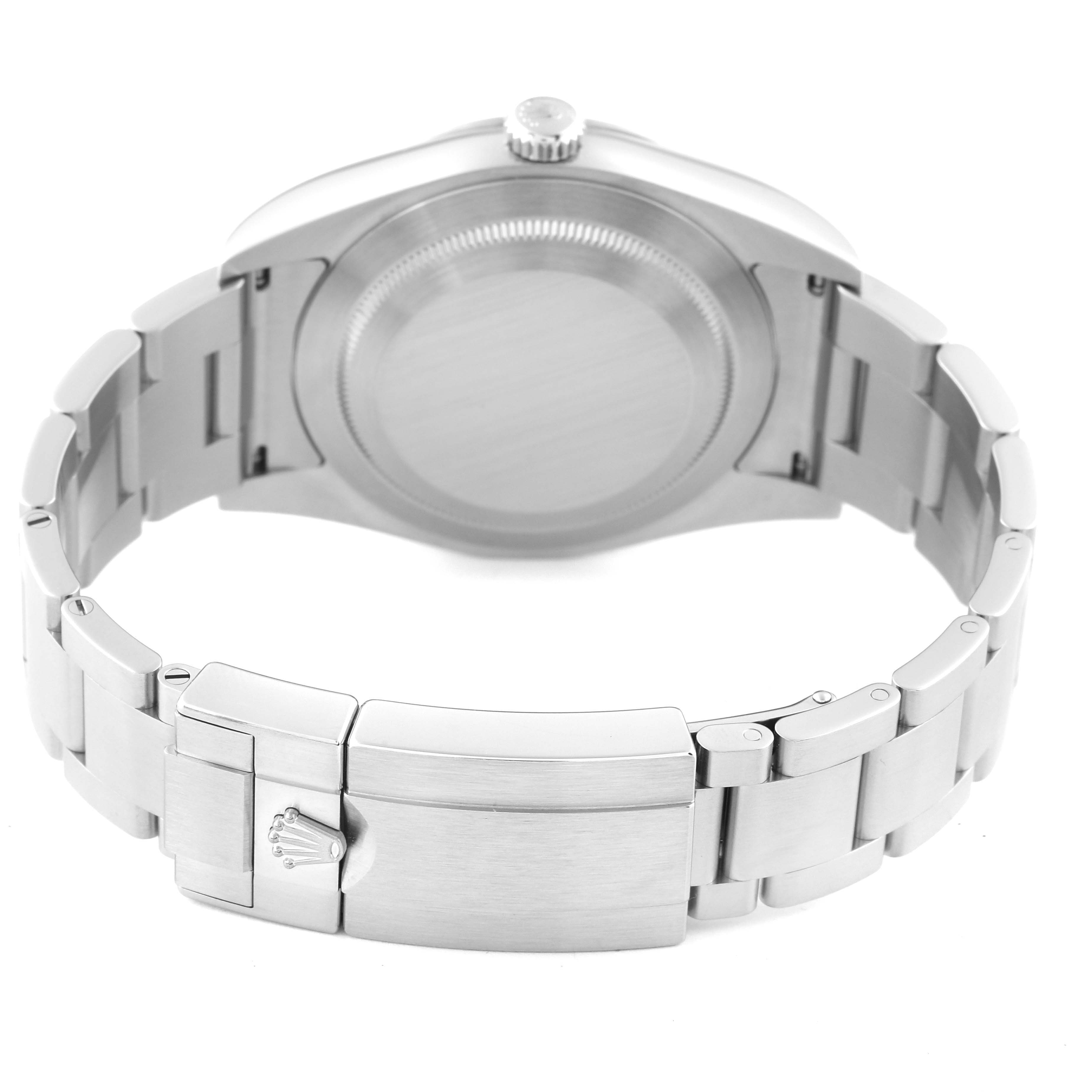 The Rolex Explorer 214270 Men
s Stainless Steel Black Dial 214270 Men
s Stainless Steel Black Dial watch is shown from the back, featuring the closed clasp and metal bracelet links.