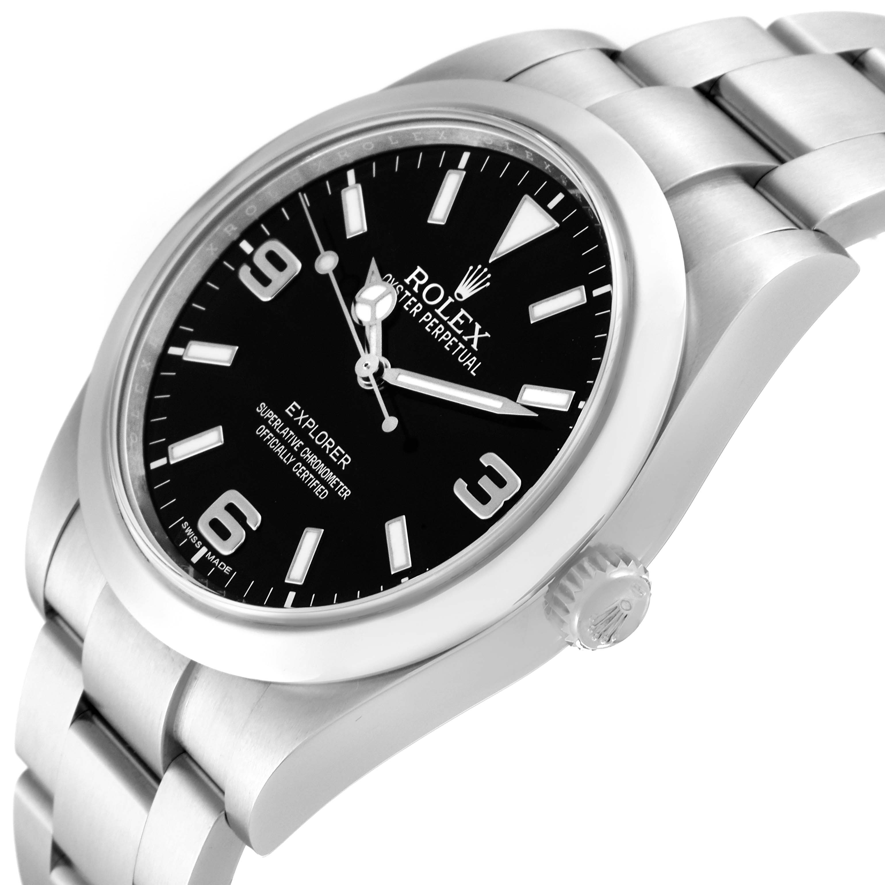 The Rolex Explorer 214270 Men
s Stainless Steel Black Dial 214270 Men
s Stainless Steel Black Dial watch is shown at a slight side angle, displaying its face, bezel, case, and bracelet.