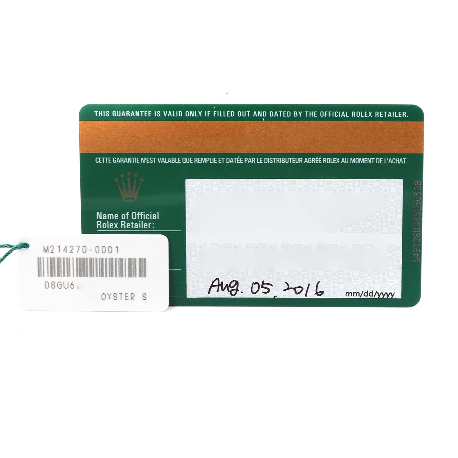 The image shows a warranty card and tag for a Rolex Explorer 214270 Men
s Stainless Steel Black Dial 214270 Men
s Stainless Steel Black Dial watch, with the tag featuring the model number.