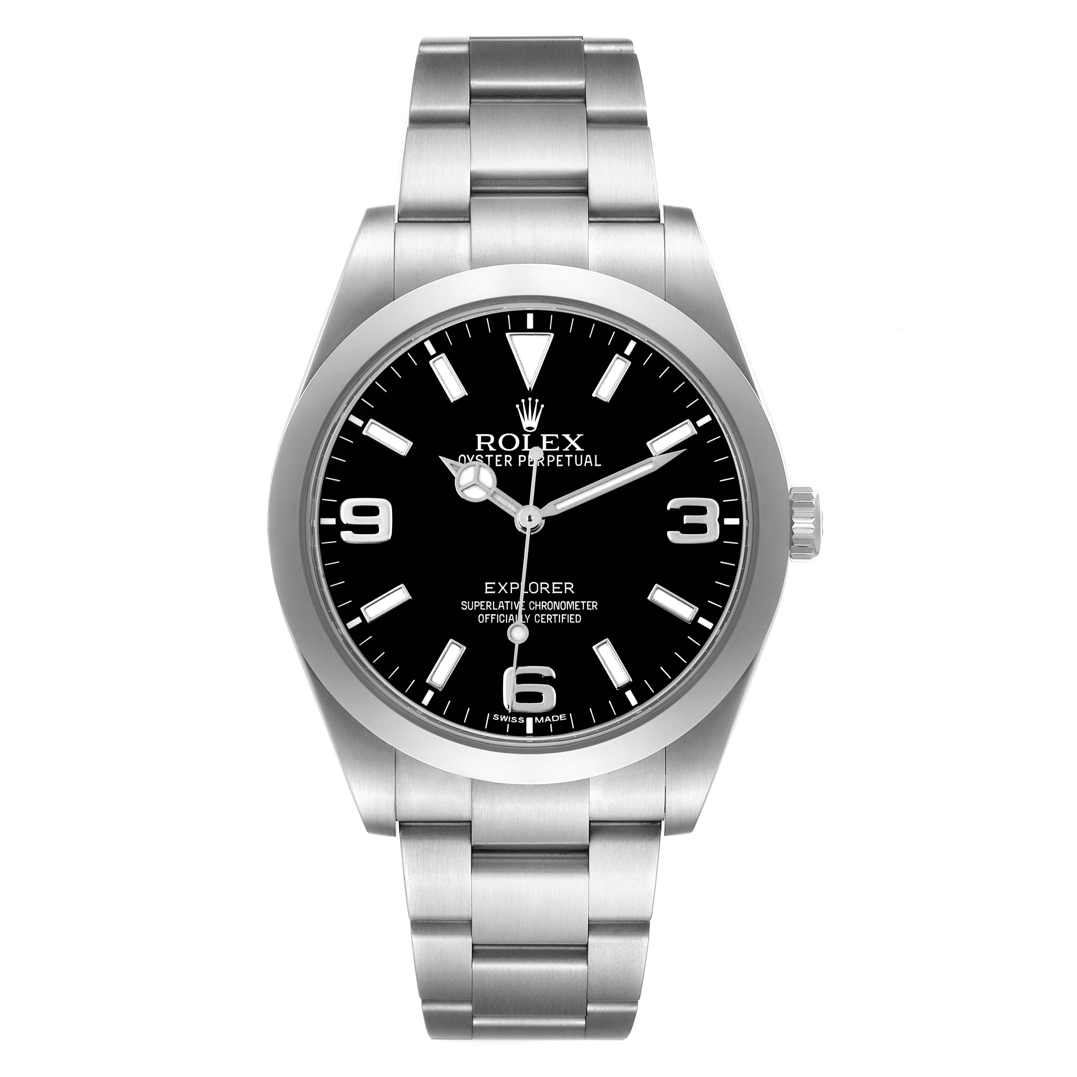 The Rolex Explorer 214270 Men
s Stainless Steel Black Dial 214270 Men
s Stainless Steel Black Dial watch is shown from a front angle, displaying its dial, bezel, and stainless steel bracelet.