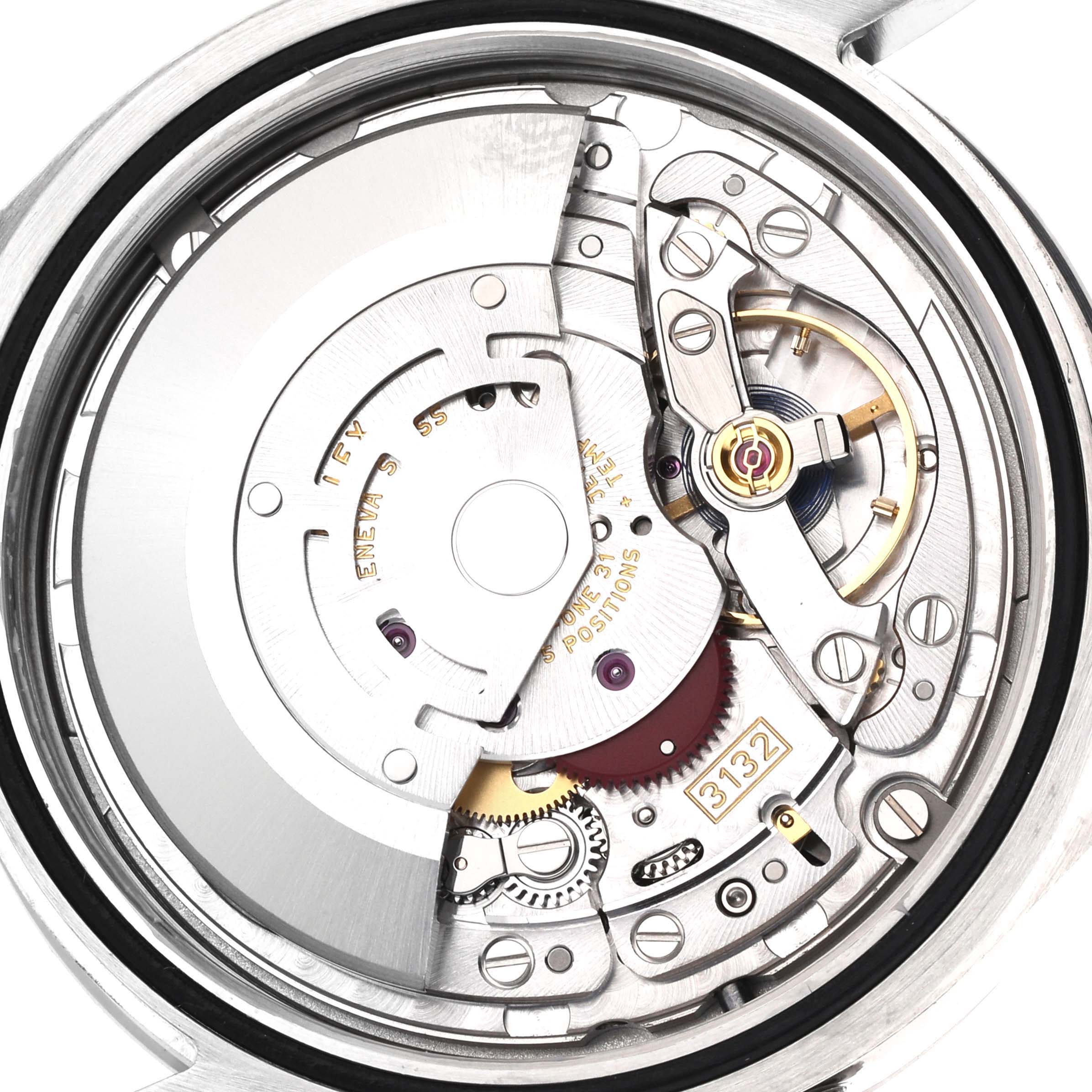 The image shows the intricate internal movement of the Rolex Explorer 214270 Men
s Stainless Steel Black Dial 214270 Men
s Stainless Steel Black Dial watch from a top-down angle.