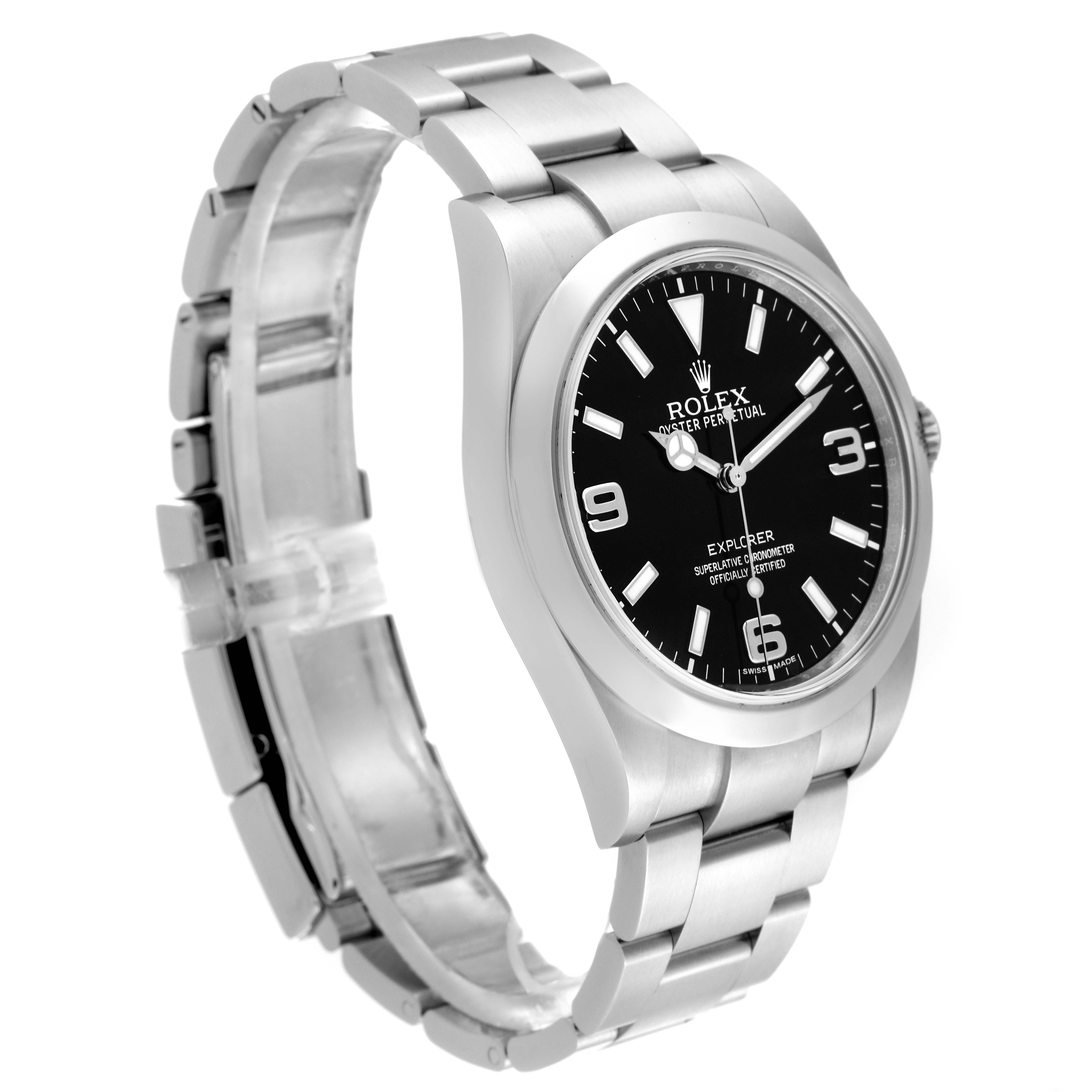 The Rolex Explorer 214270 Men
s Stainless Steel Black Dial 214270 Men
s Stainless Steel Black Dial watch is shown at a three-quarter angle, displaying the face, bezel, and bracelet.