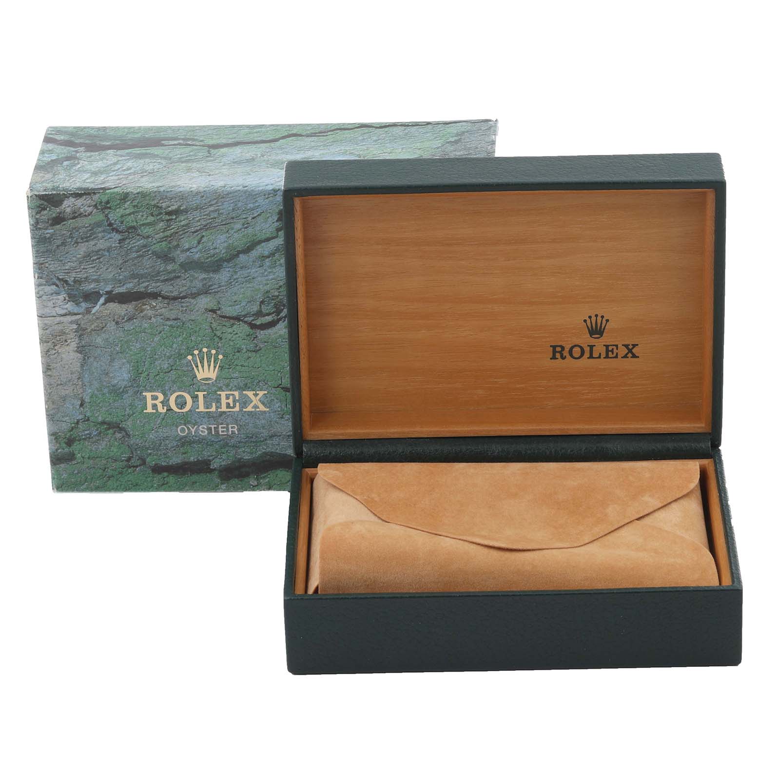 The image shows a Rolex GMT-Master 16710 Men
s Stainless Steel Black Dial 16710 Men
s Stainless Steel Black Dial box, opened, displaying a suede pouch inside.