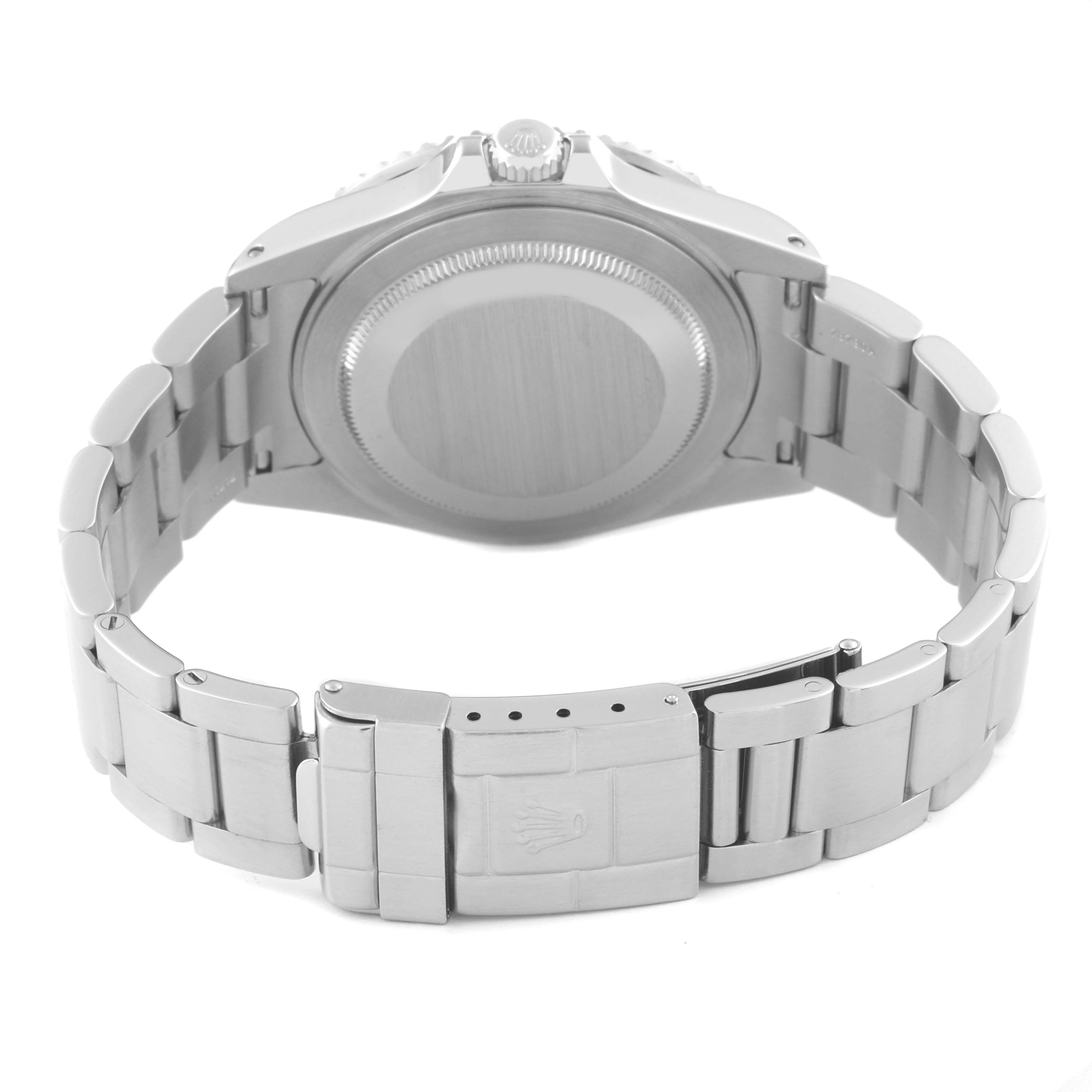 The image shows the back view of a Rolex GMT-Master 16710 Men
s Stainless Steel Black Dial 16710 Men
s Stainless Steel Black Dial, highlighting the case back and bracelet with the clasp.