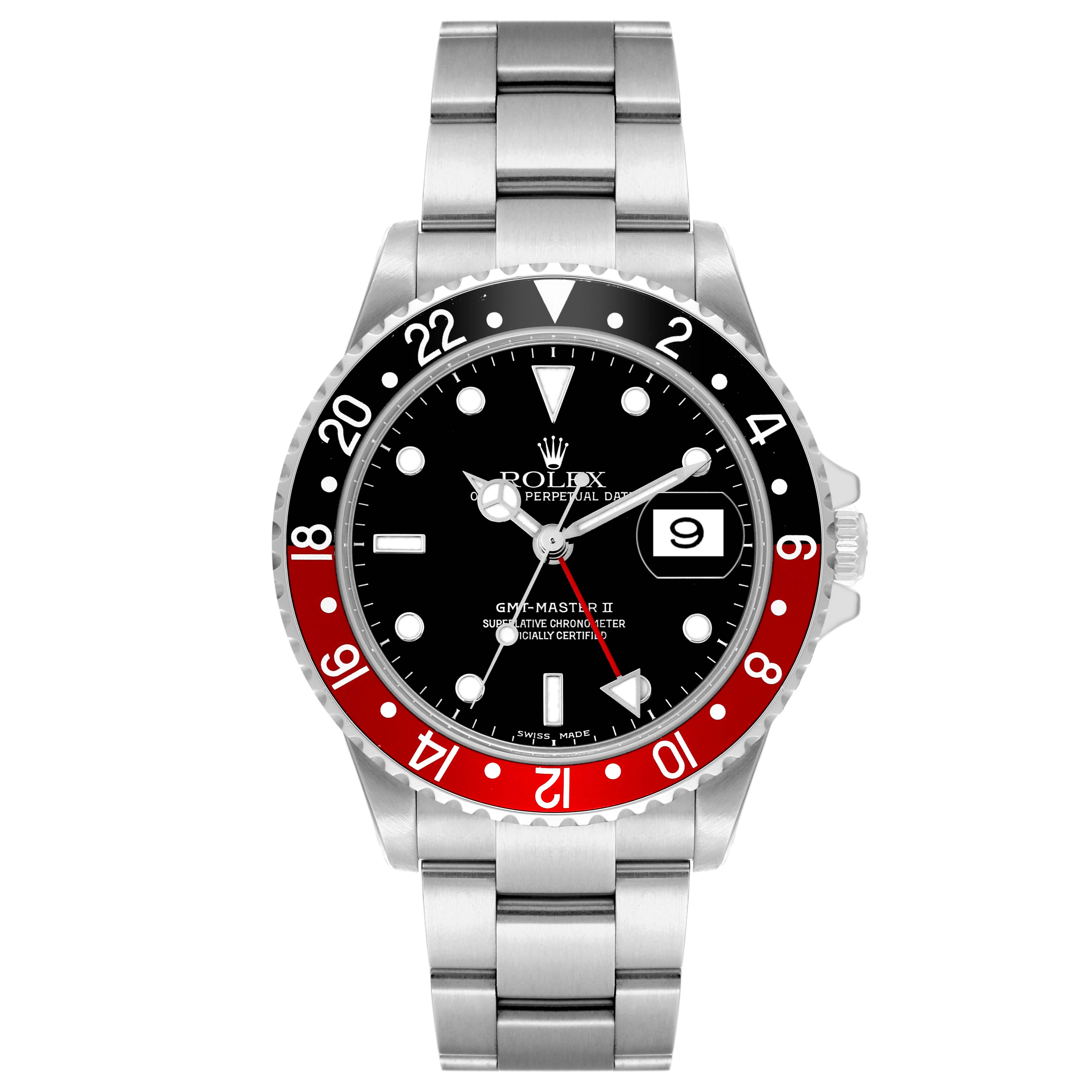 The Rolex GMT-Master 16710 Men
s Stainless Steel Black Dial 16710 Men
s Stainless Steel Black Dial watch is shown from the front, displaying its bezel, dial, hands, and bracelet.