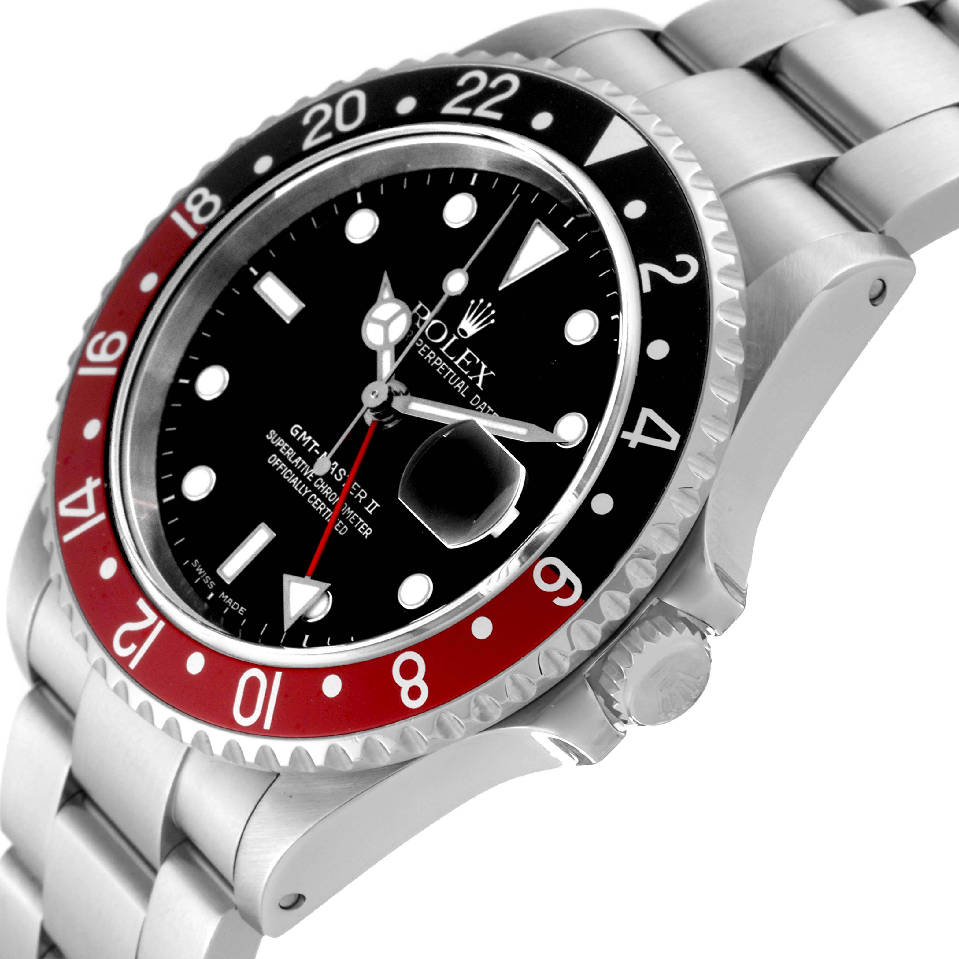 The image shows a side angle of a Rolex GMT-Master 16710 Men
s Stainless Steel Black Dial 16710 Men
s Stainless Steel Black Dial, highlighting the bezel, crown, and bracelet.