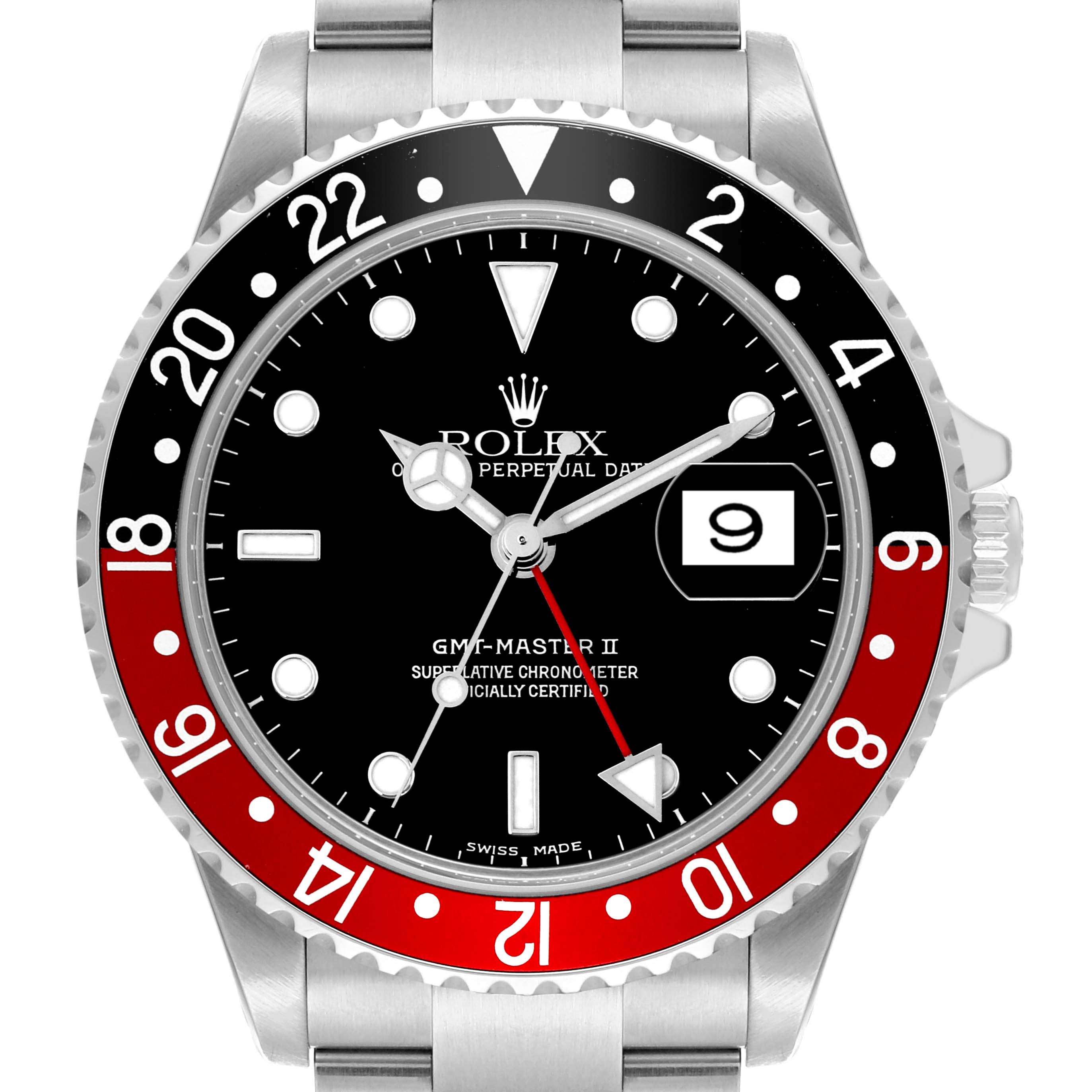 The Rolex GMT-Master 16710 Men
s Stainless Steel Black Dial 16710 Men
s Stainless Steel Black Dial watch is shown from the front, highlighting the bezel, dial, and partial bracelet.