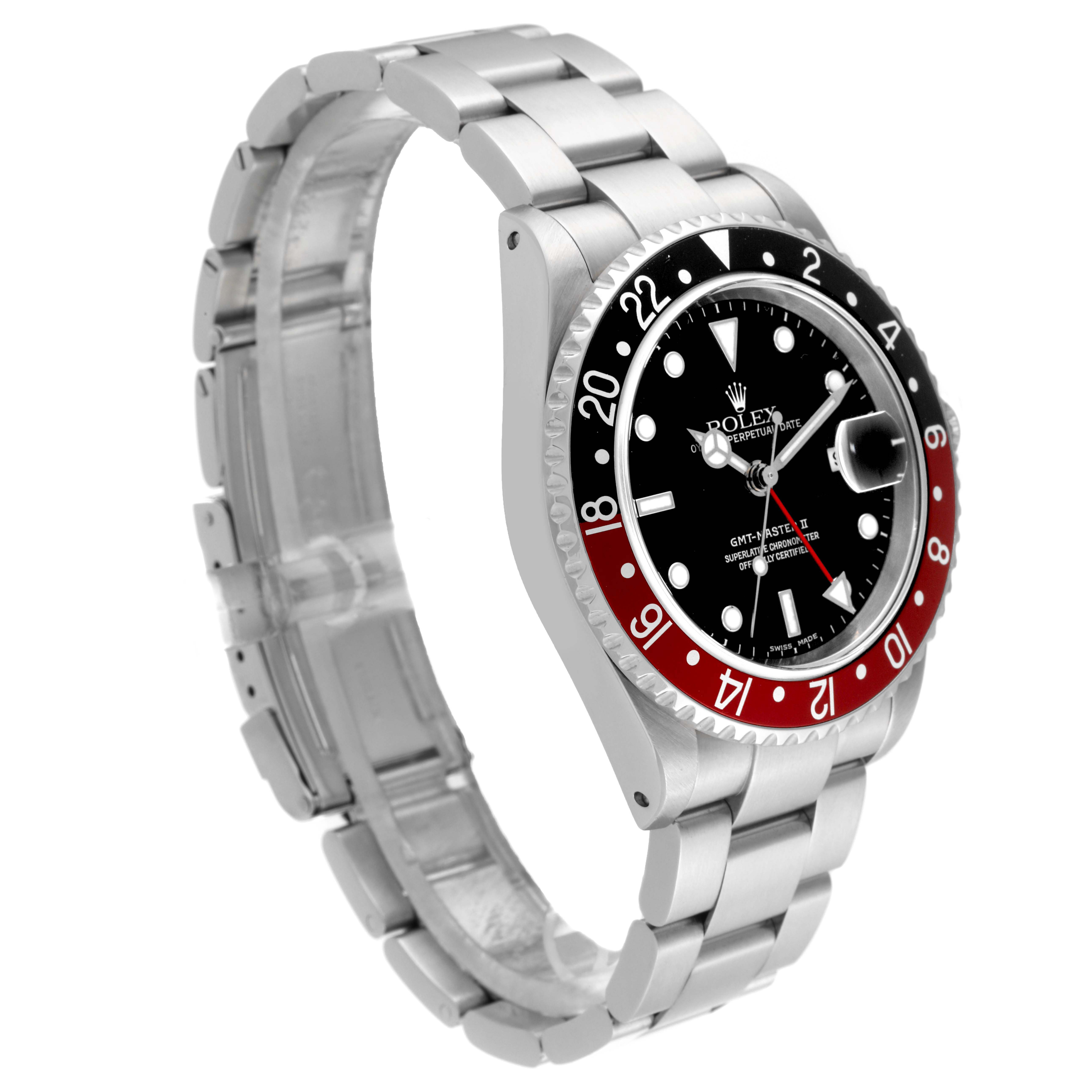 The Rolex GMT-Master 16710 Men
s Stainless Steel Black Dial 16710 Men
s Stainless Steel Black Dial watch is displayed from a front-angle view, showcasing the bezel, dial, and bracelet.